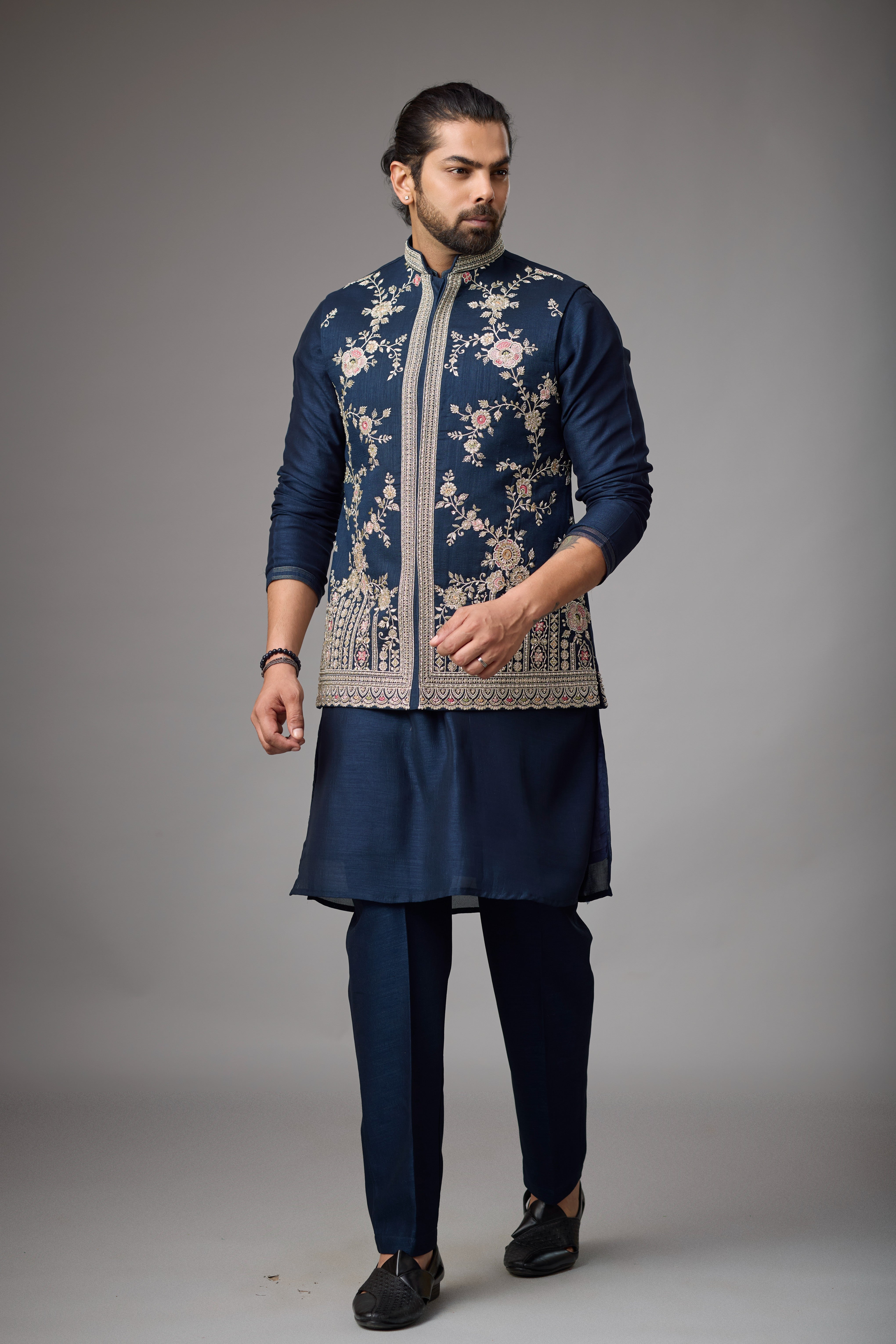 Midnight Navy Floral Embroidered Jacket Kurta Set