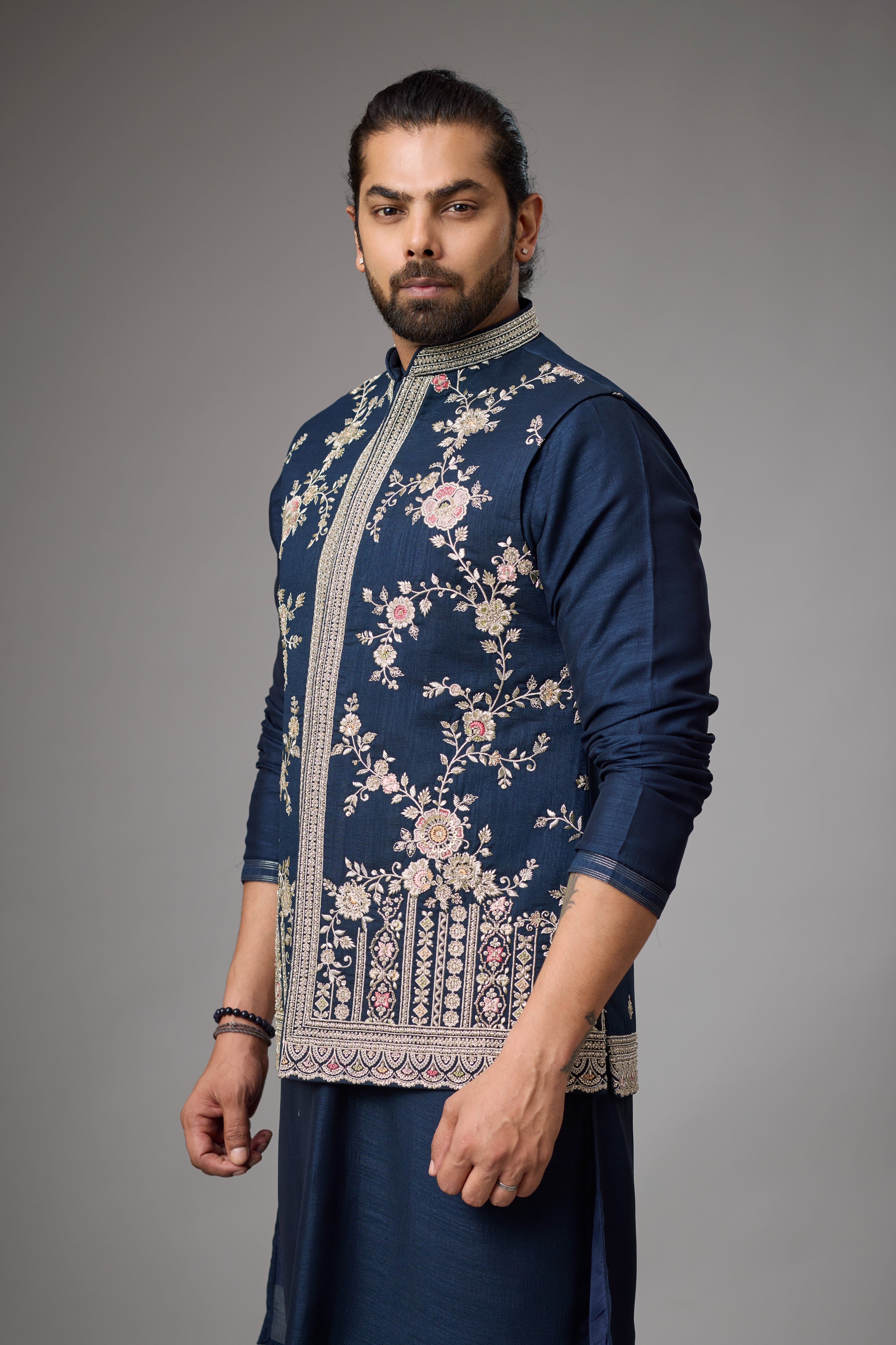 Midnight Navy Floral Embroidered Jacket Kurta Set
