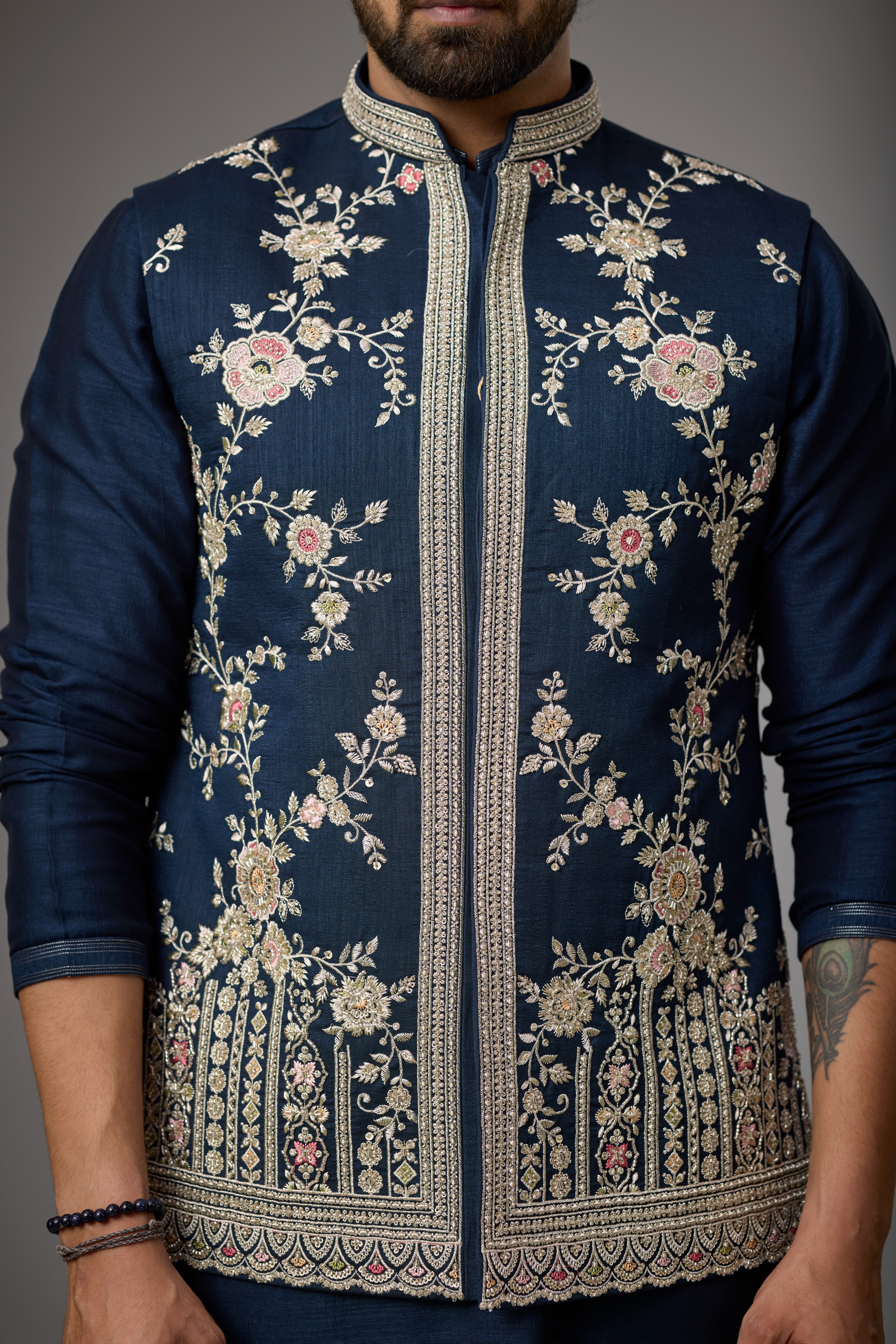 Midnight Navy Floral Embroidered Jacket Kurta Set