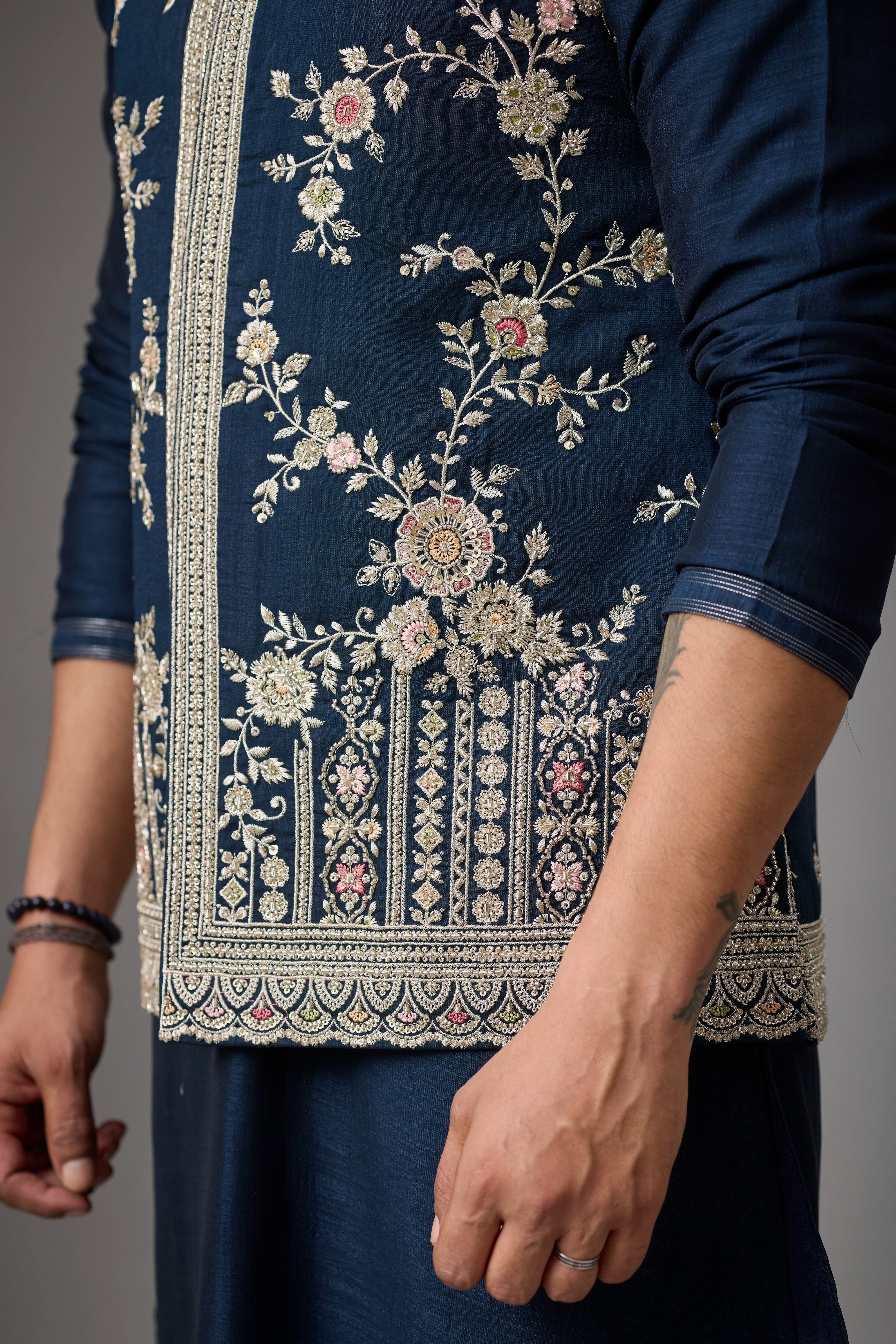 Midnight Navy Floral Embroidered Jacket Kurta Set
