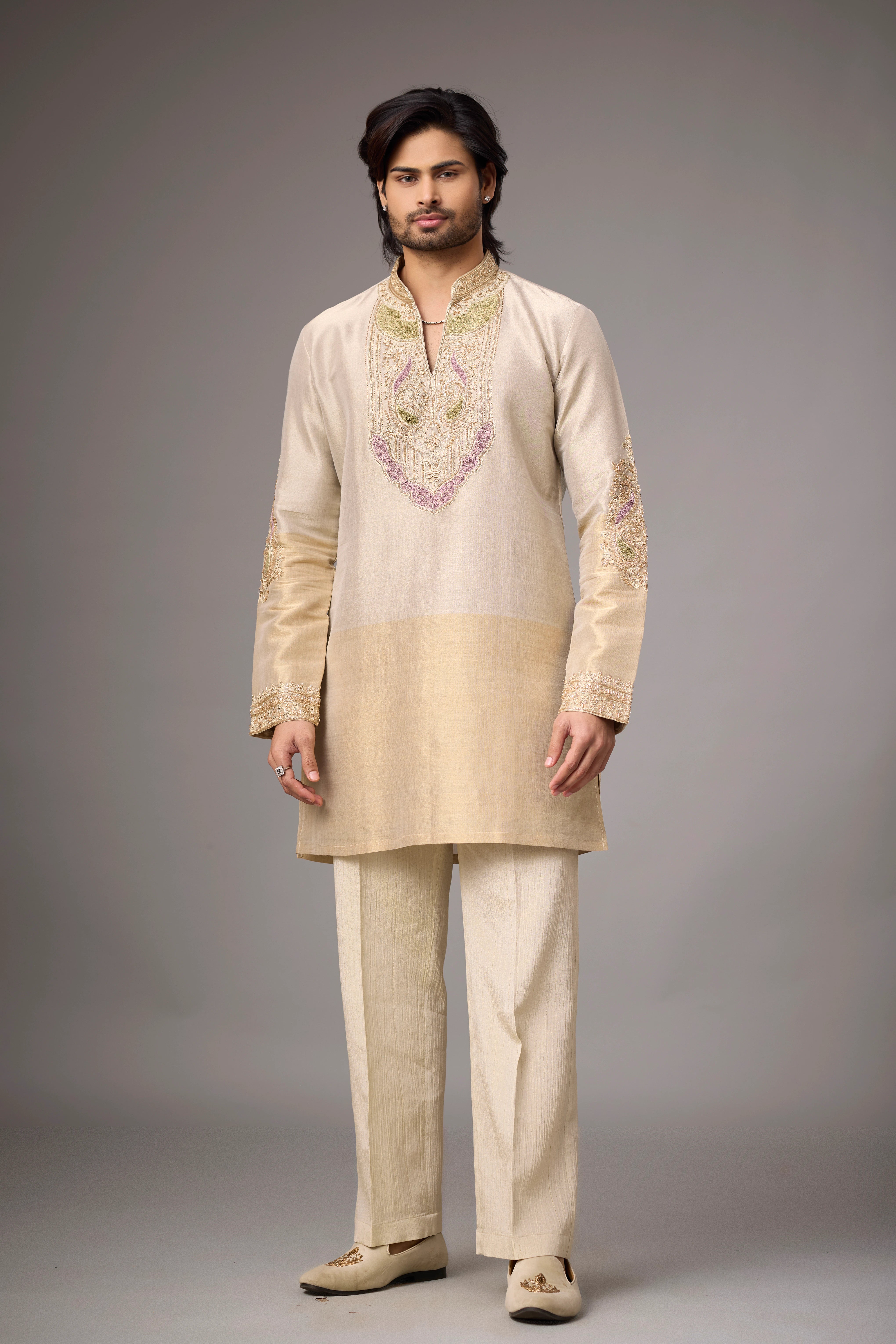Champagne Paisley Heritage Embroidered Kurta Set