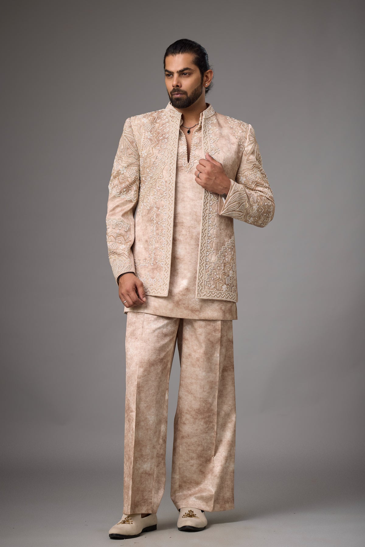 Taupe Regal Embroidered Indo-Western Set