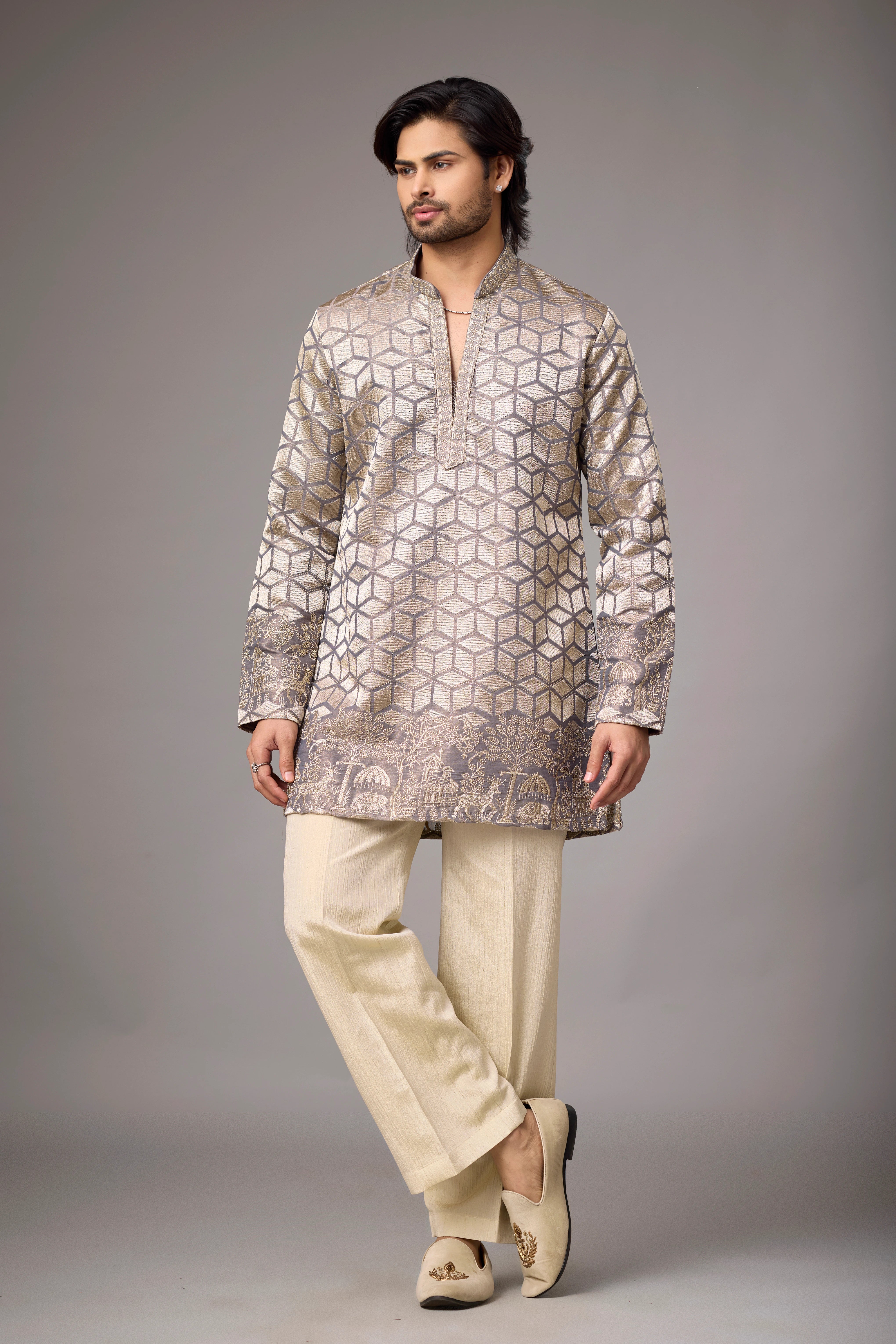 Champagne Geometric Heritage Embroidered Kurta Set