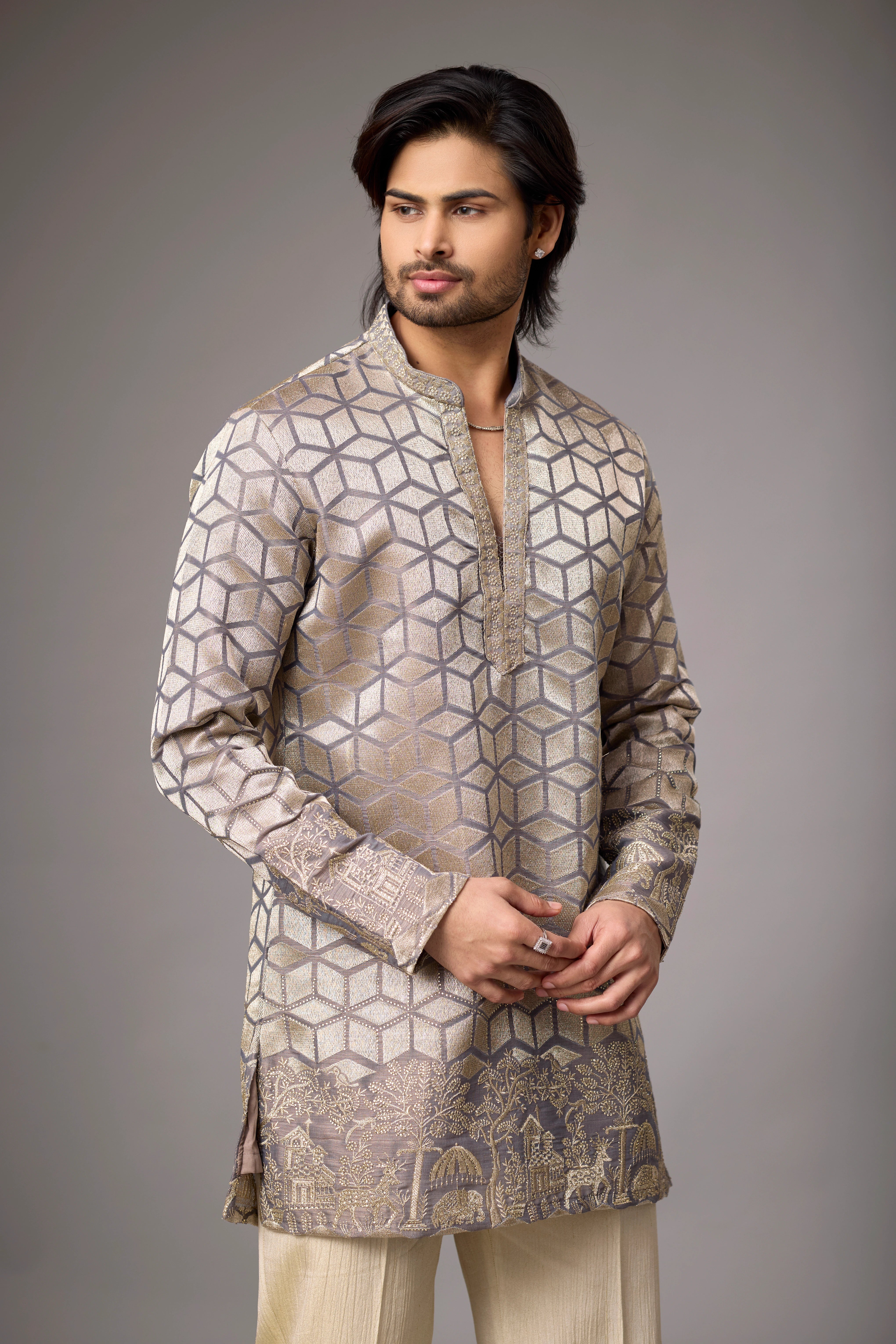 Champagne Geometric Heritage Embroidered Kurta Set