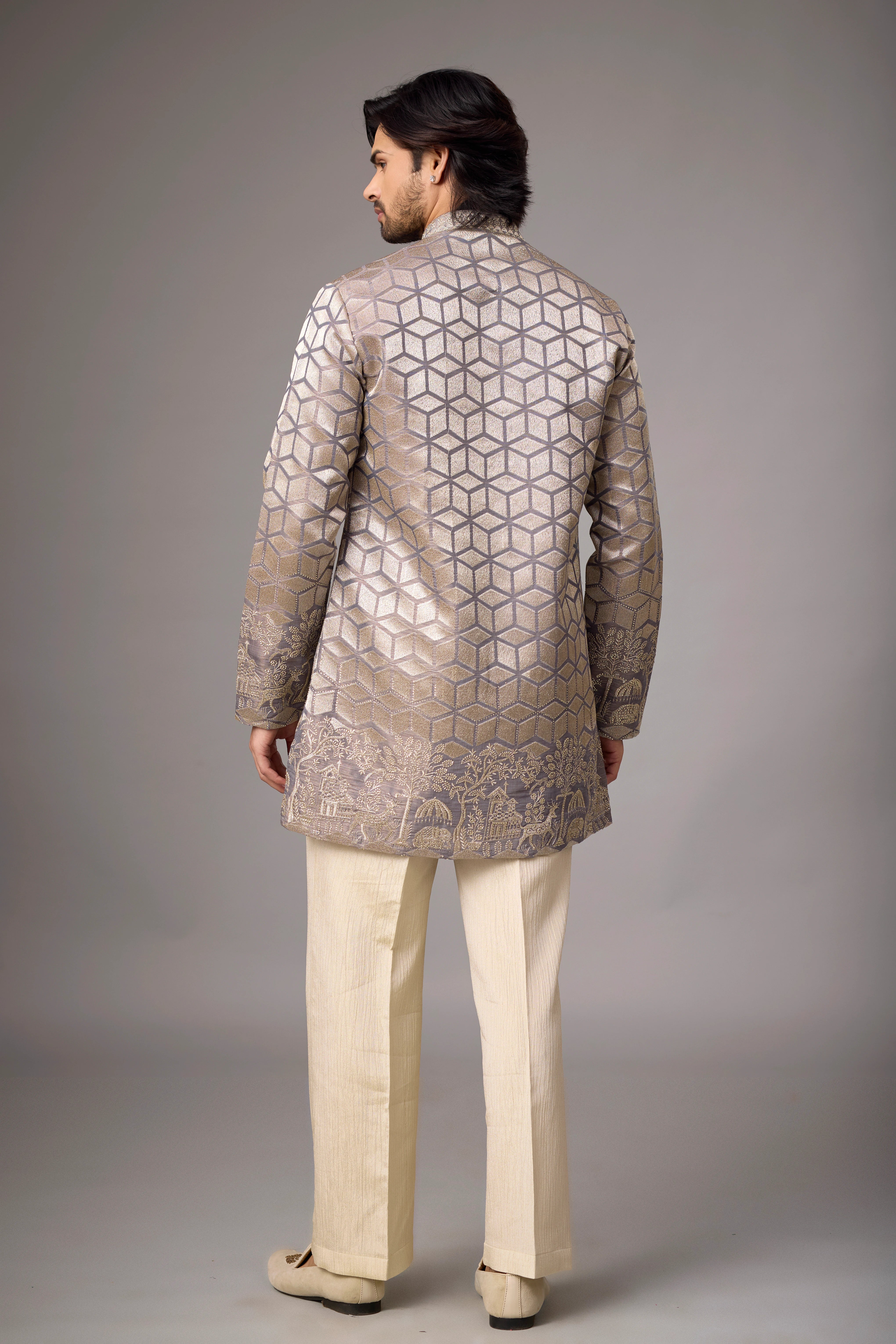 Champagne Geometric Heritage Embroidered Kurta Set