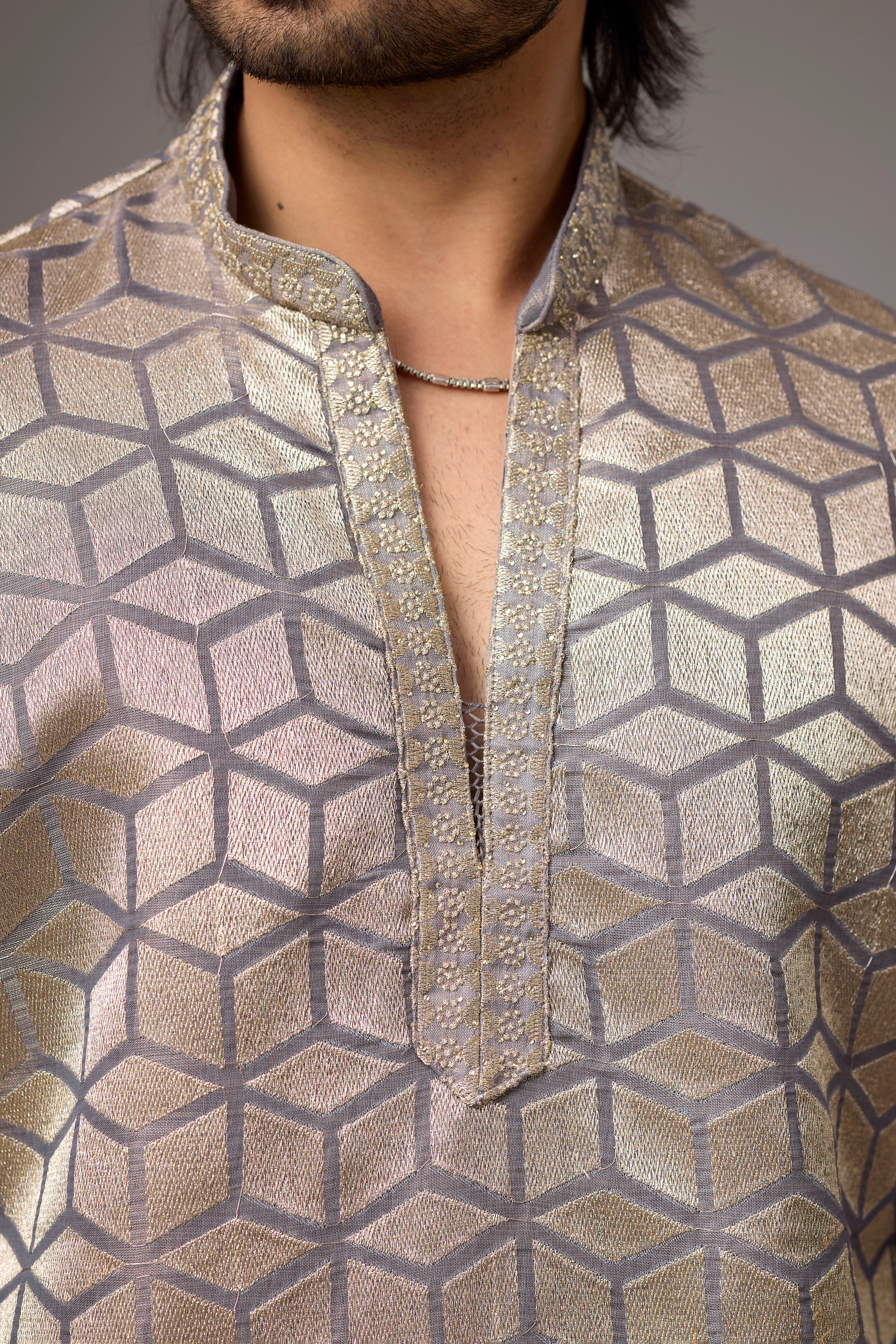 Champagne Geometric Heritage Embroidered Kurta Set