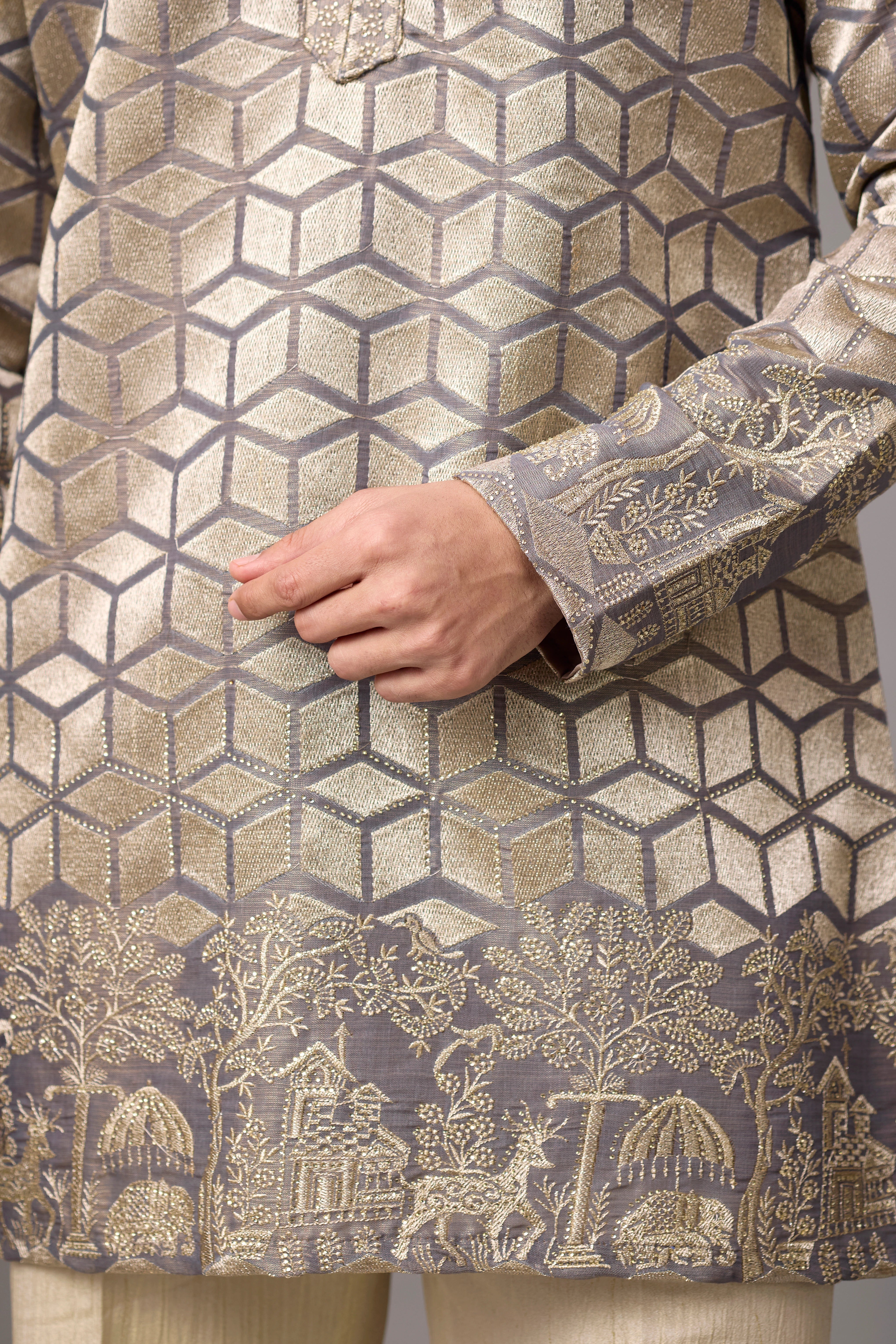 Champagne Geometric Heritage Embroidered Kurta Set