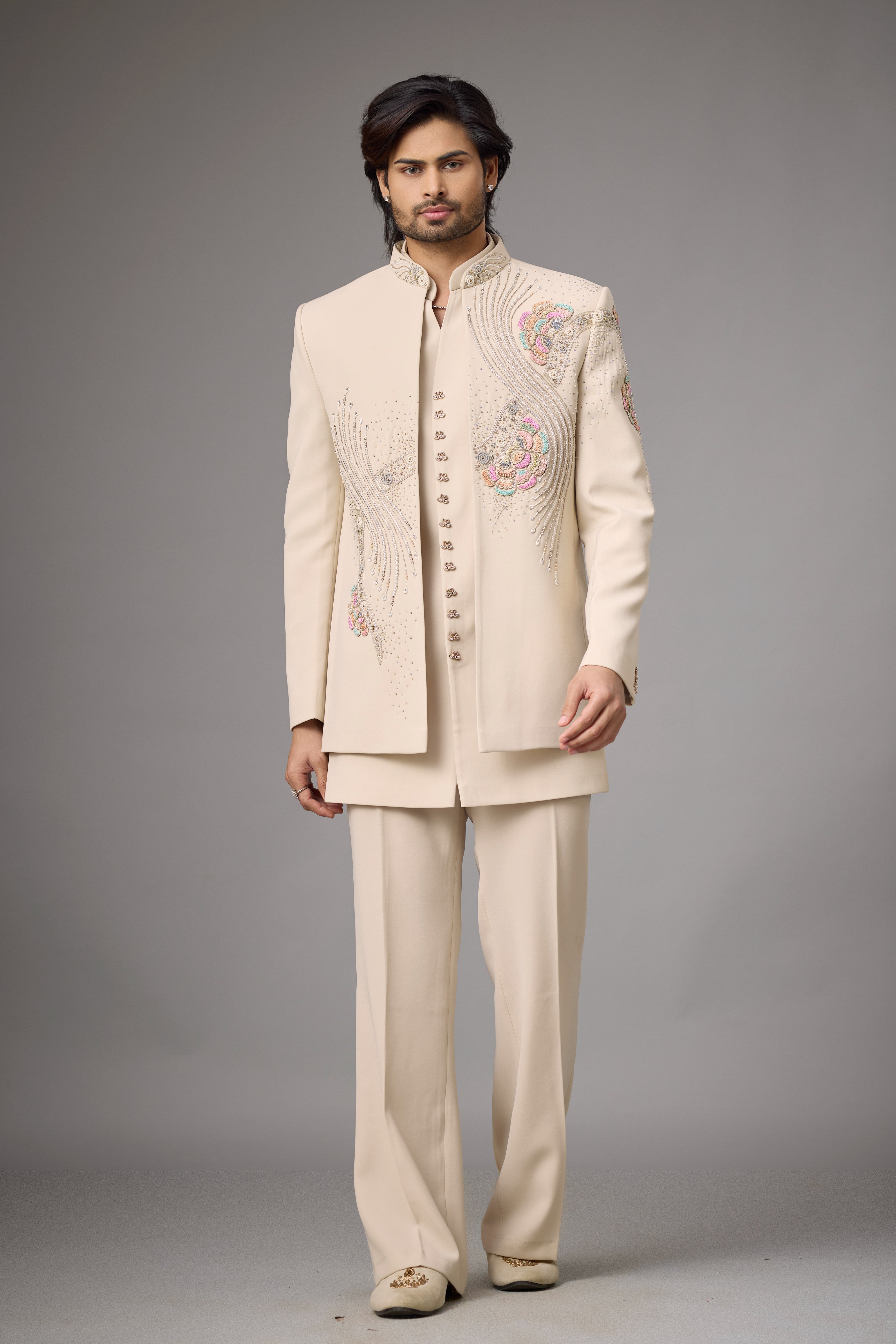 Ivory Peacock Motif Embroidered Indo-Western Set