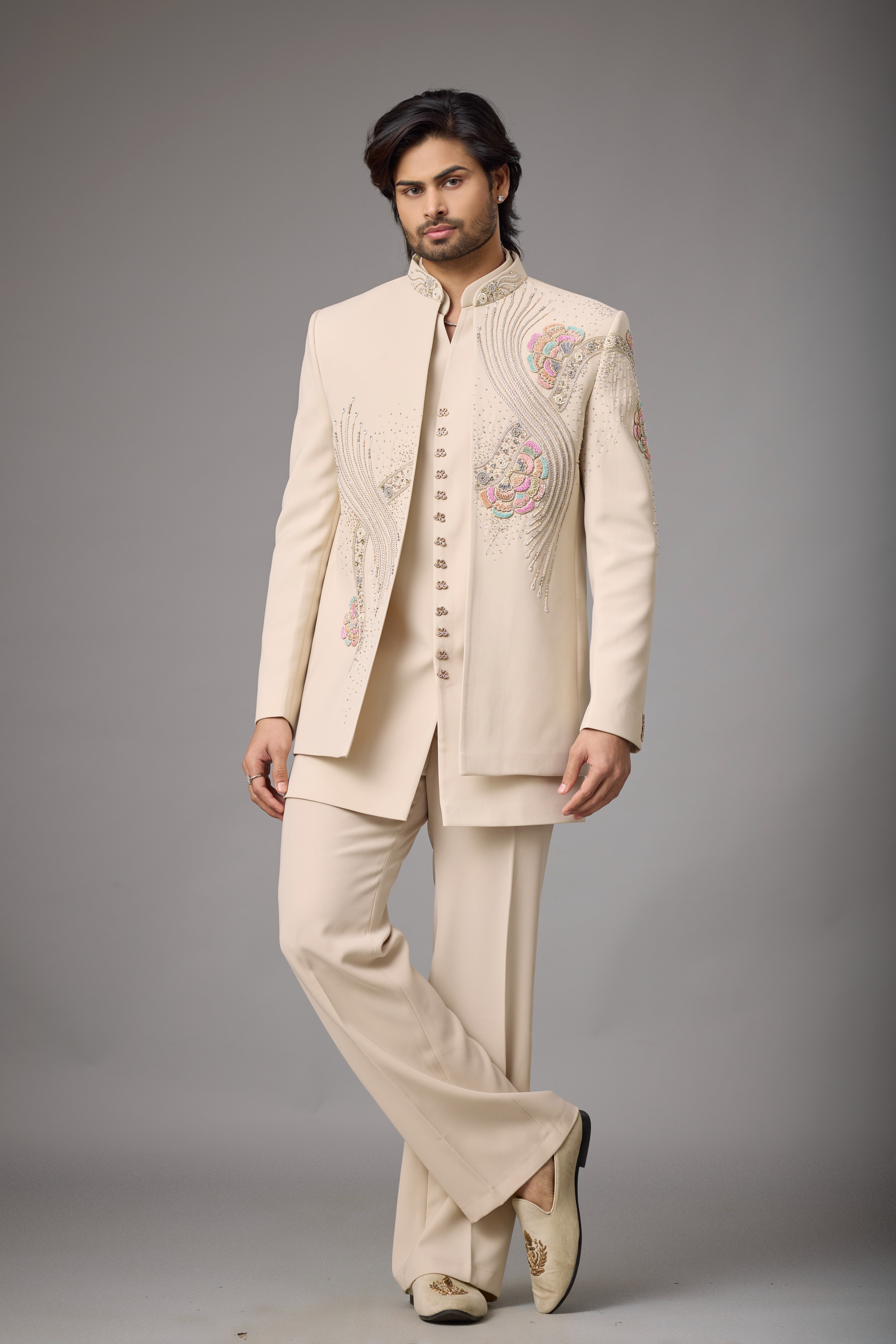 Ivory Peacock Motif Embroidered Indo-Western Set