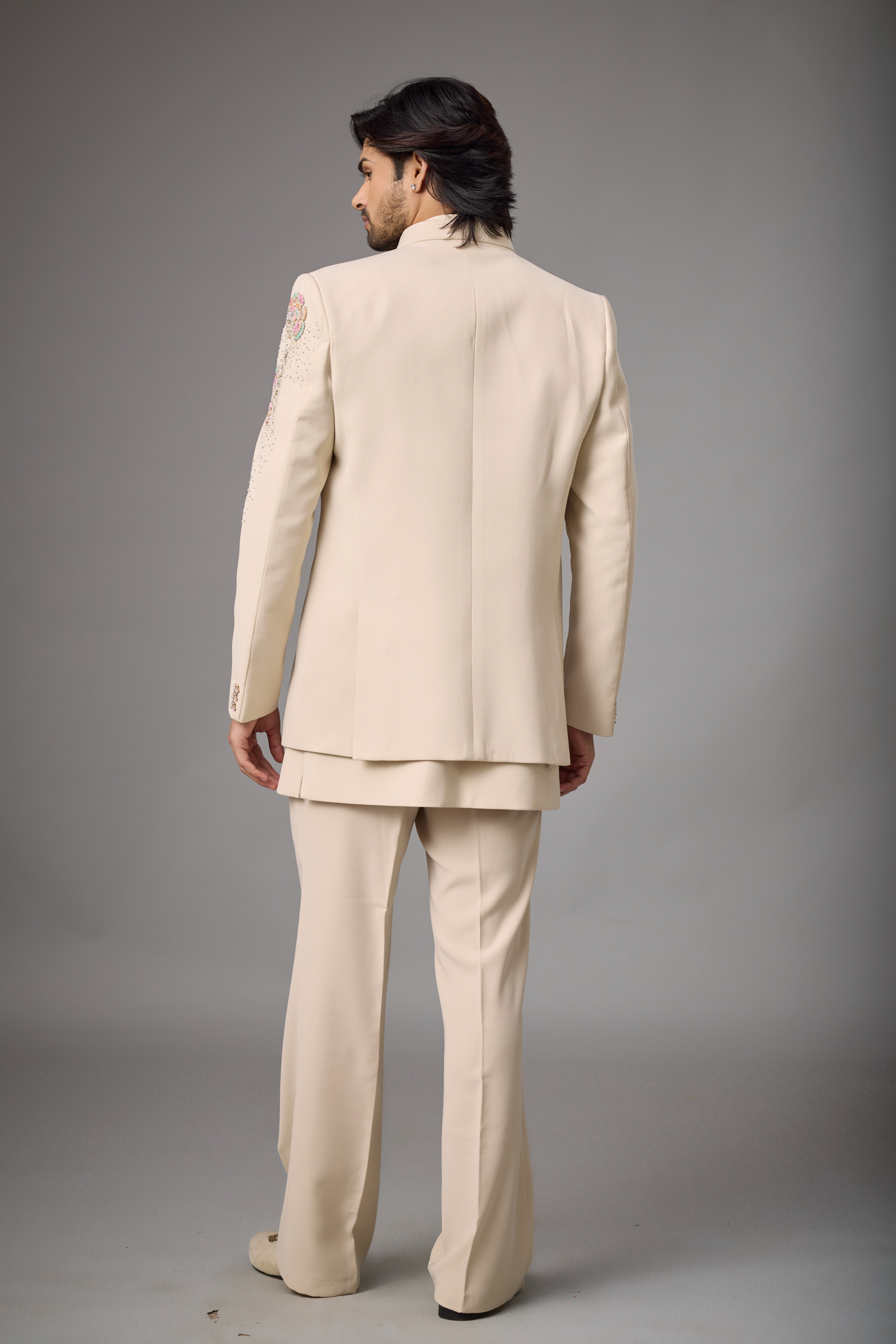 Ivory Peacock Motif Embroidered Indo-Western Set