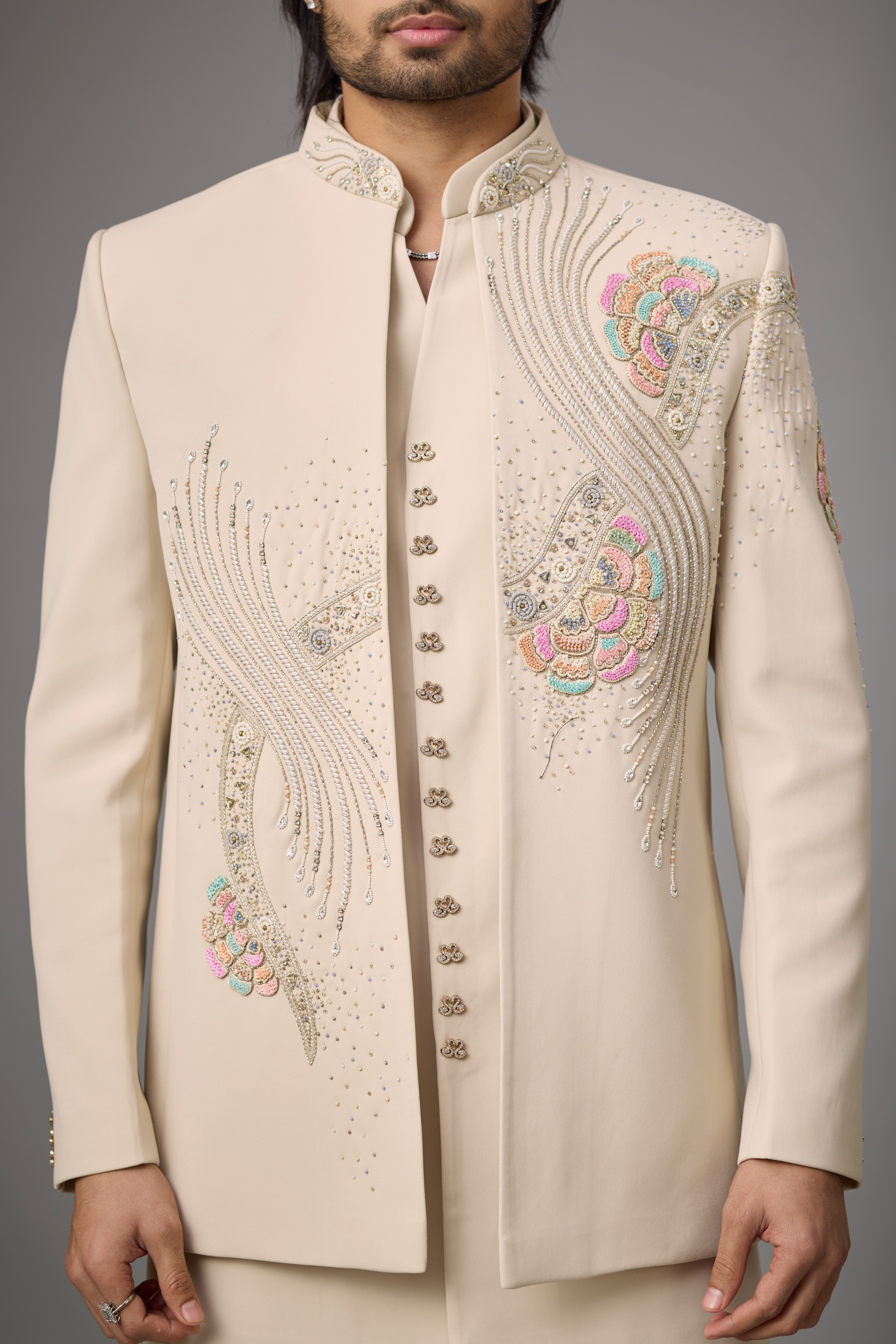 Ivory Peacock Motif Embroidered Indo-Western Set