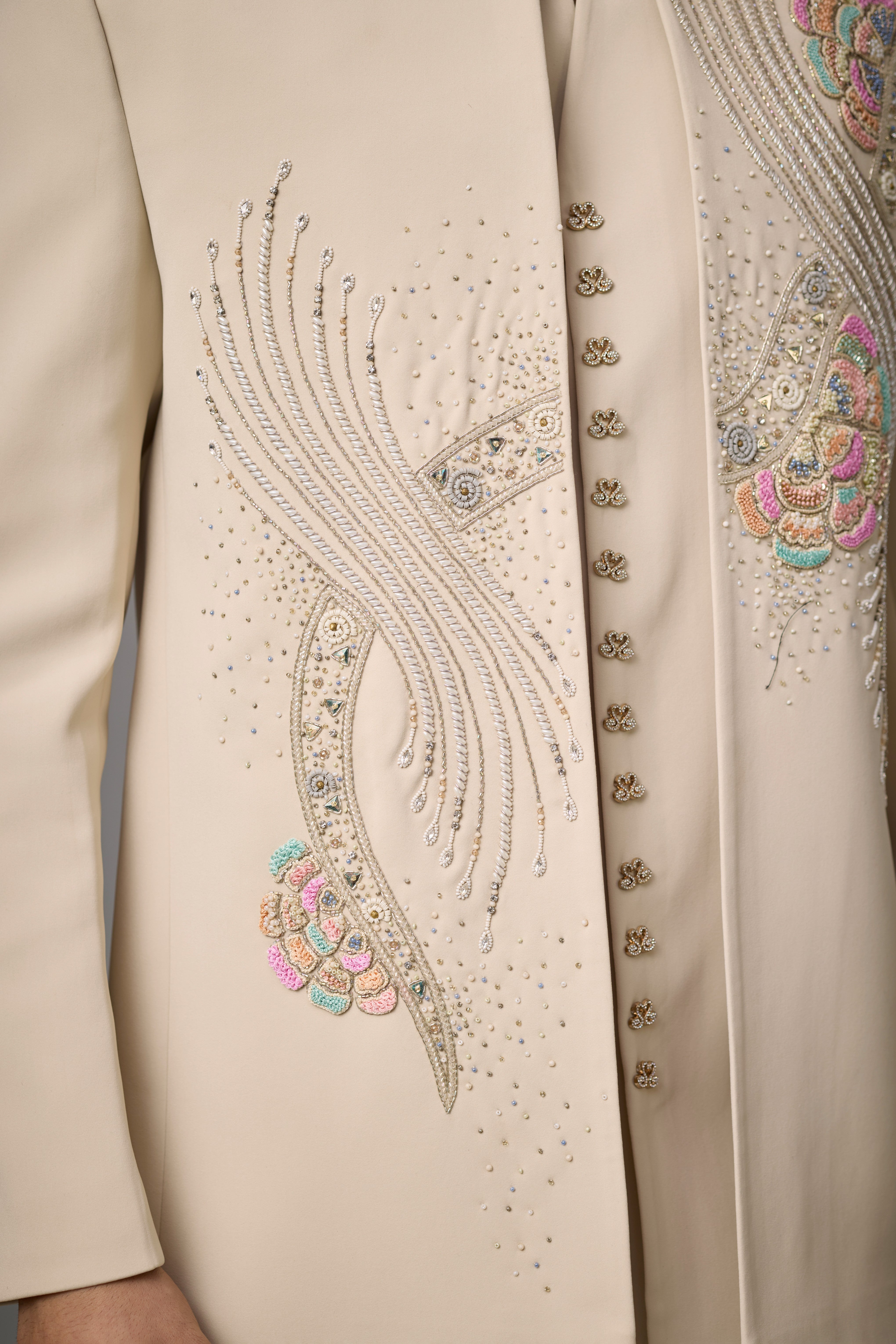 Ivory Peacock Motif Embroidered Indo-Western Set