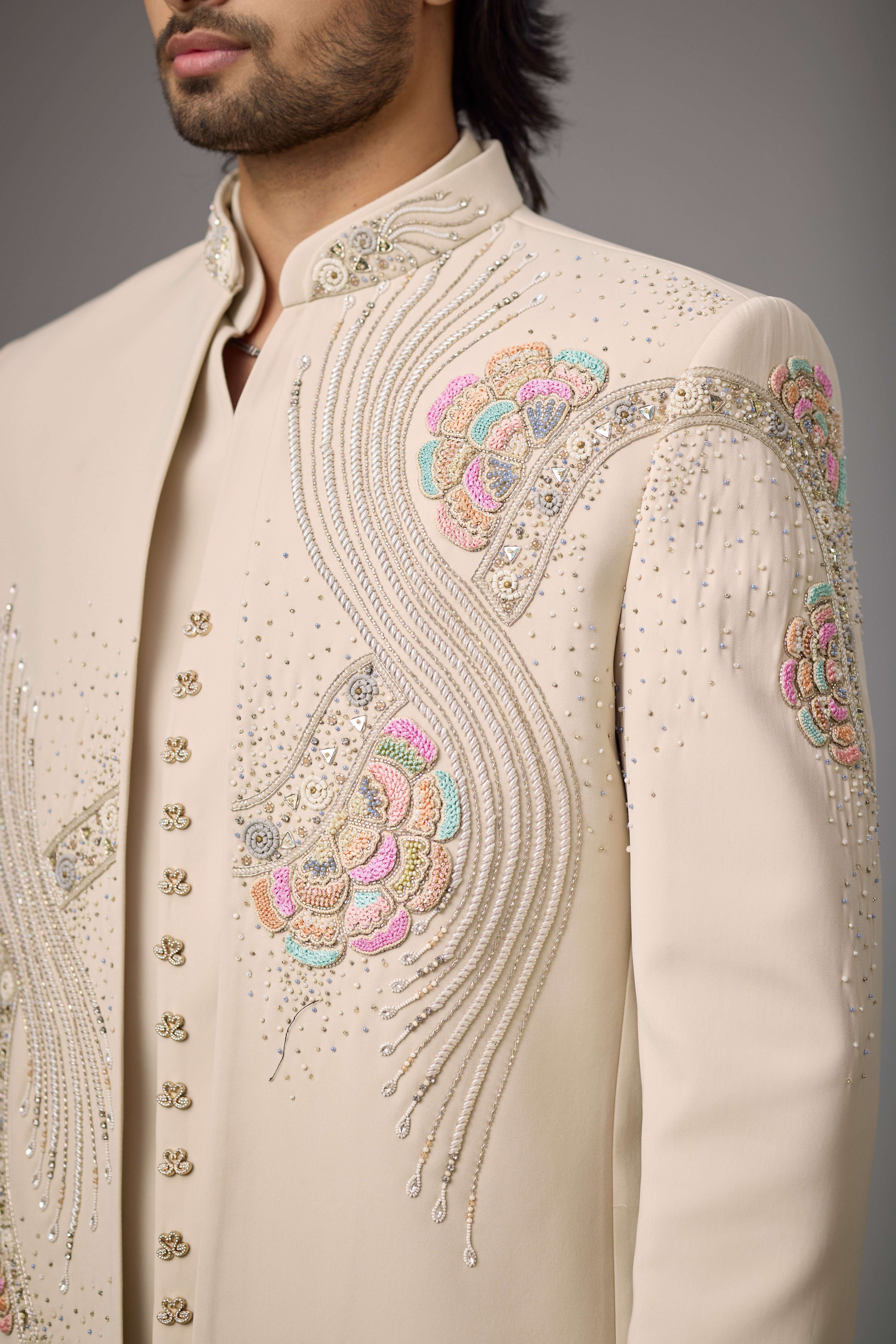 Ivory Peacock Motif Embroidered Indo-Western Set