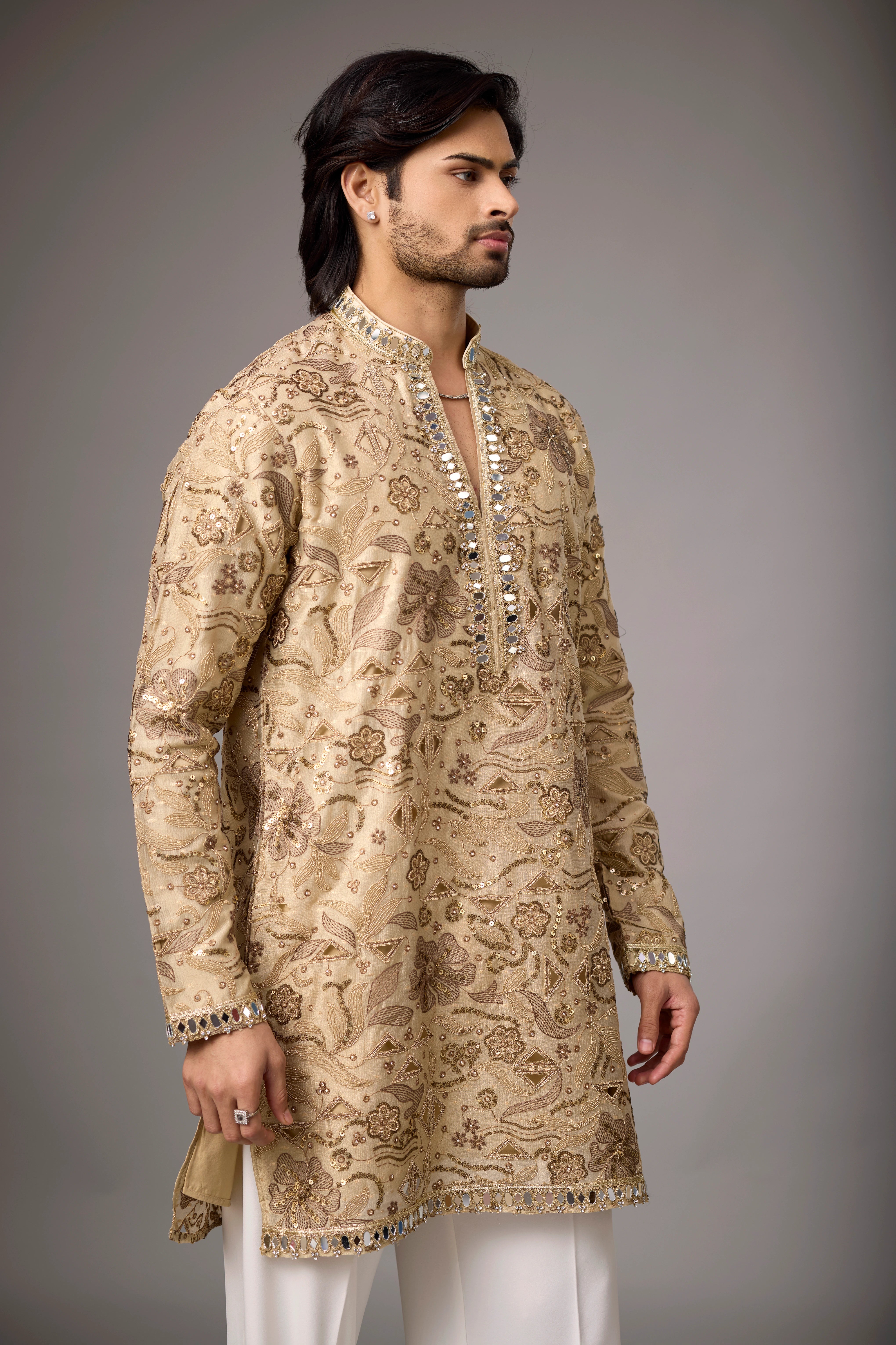 Champagne Floral Embellished Heritage Kurta Set