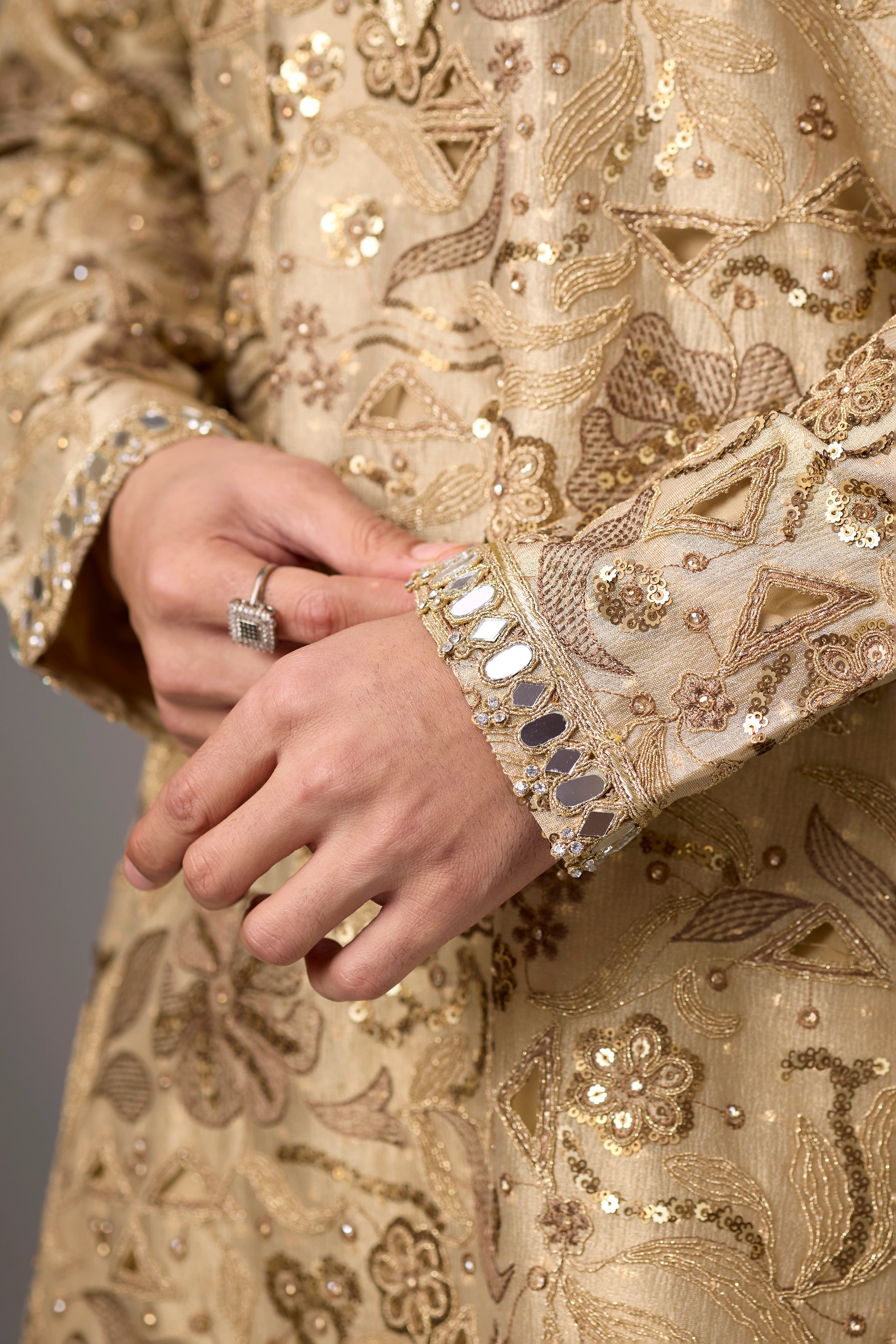 Champagne Floral Embellished Heritage Kurta Set