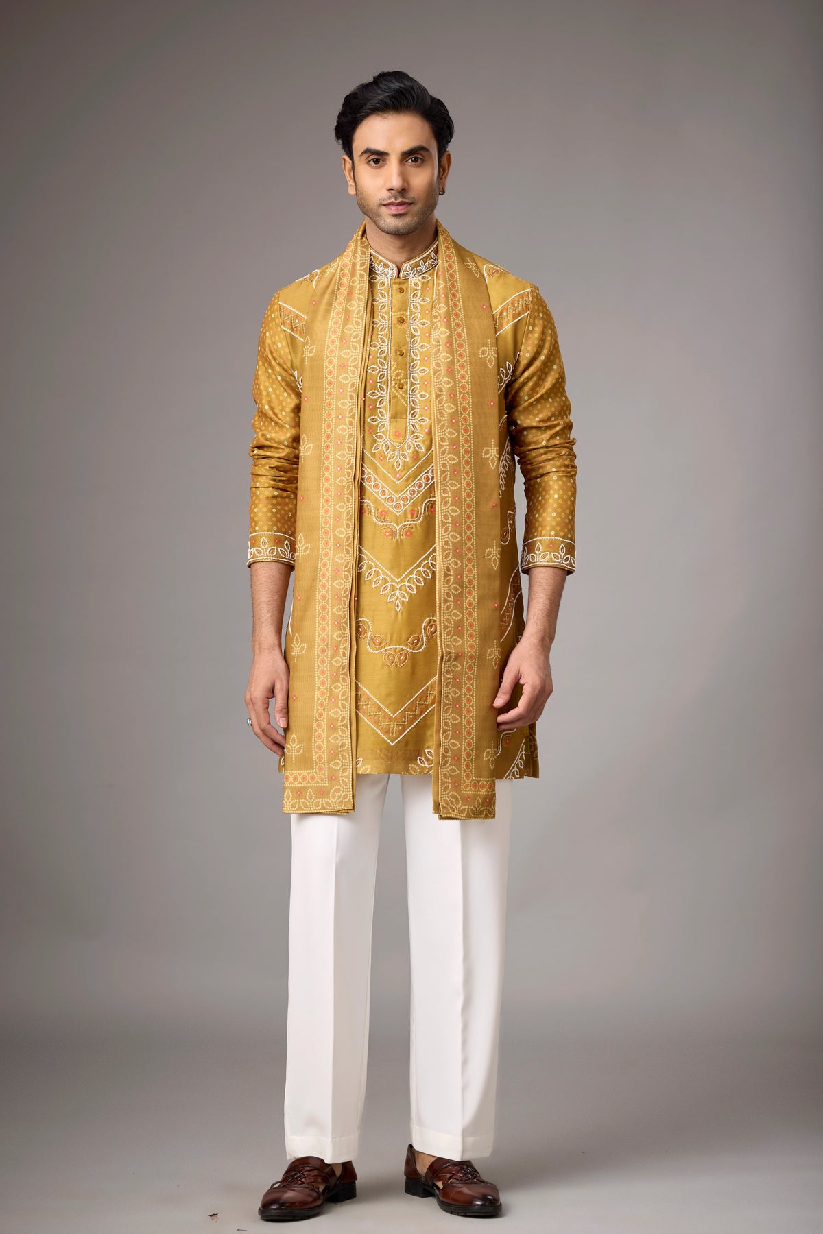 Mustard Gold Heritage Embroidered Kurta with Stole