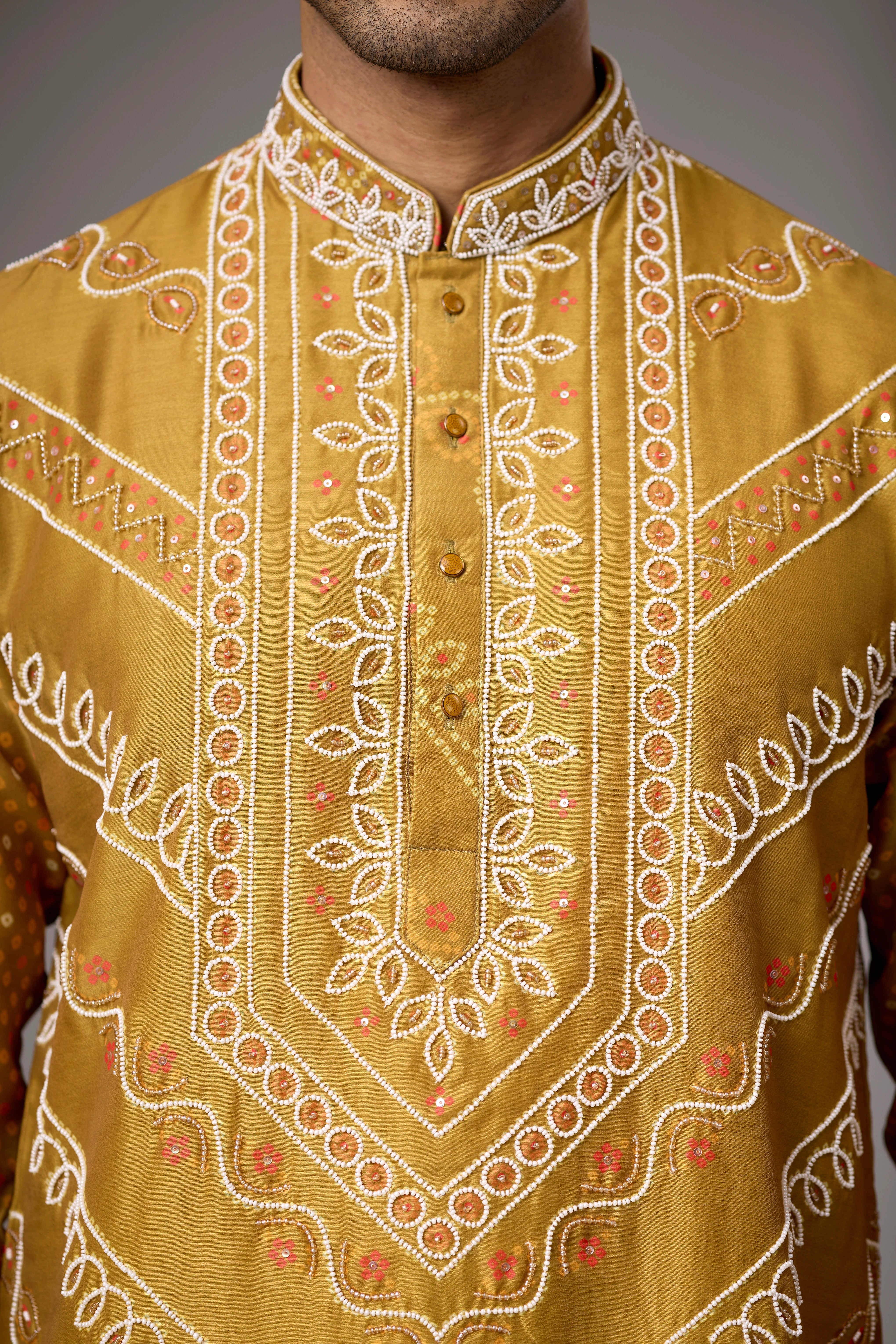 Mustard Gold Heritage Embroidered Kurta with Stole