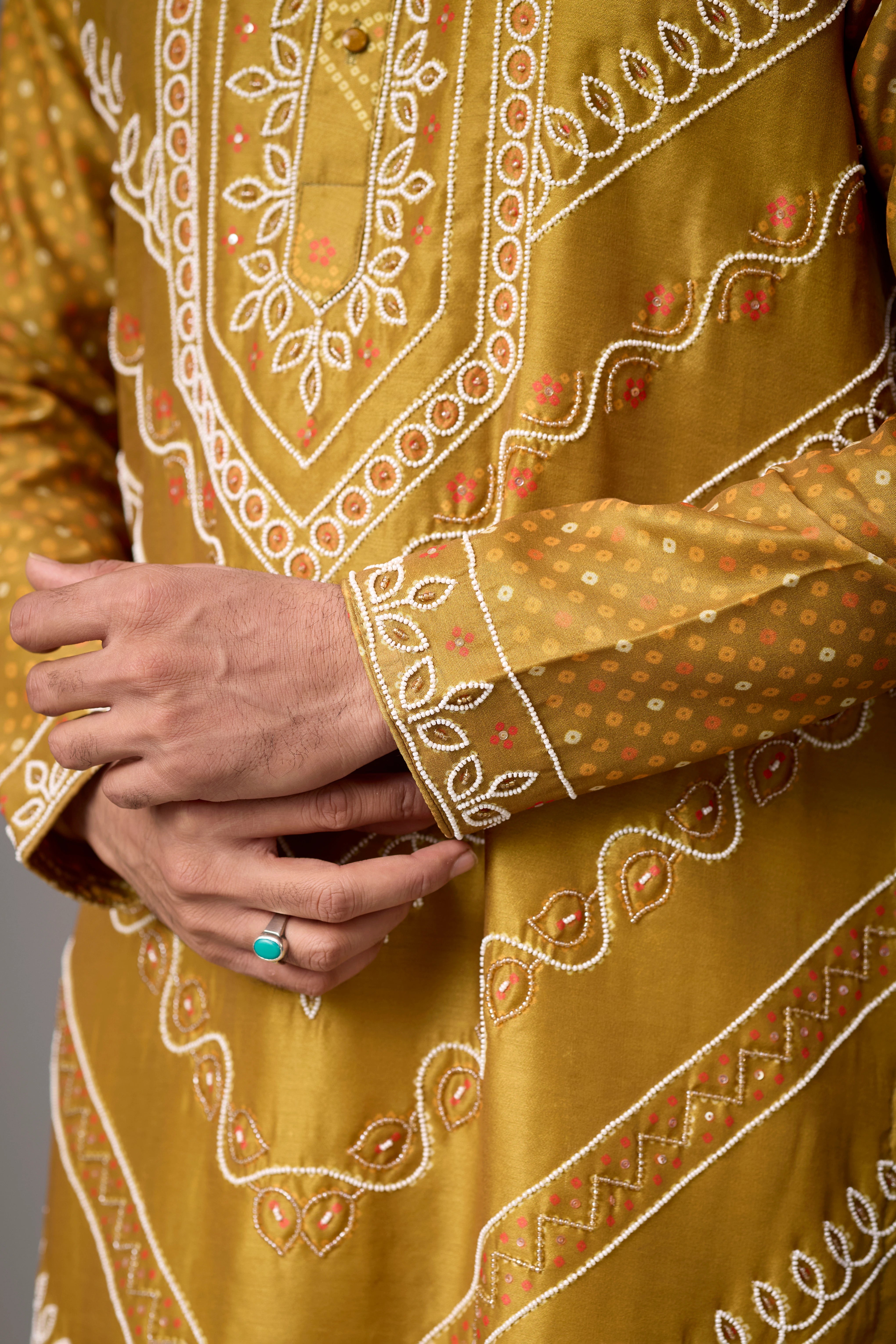 Mustard Gold Heritage Embroidered Kurta with Stole
