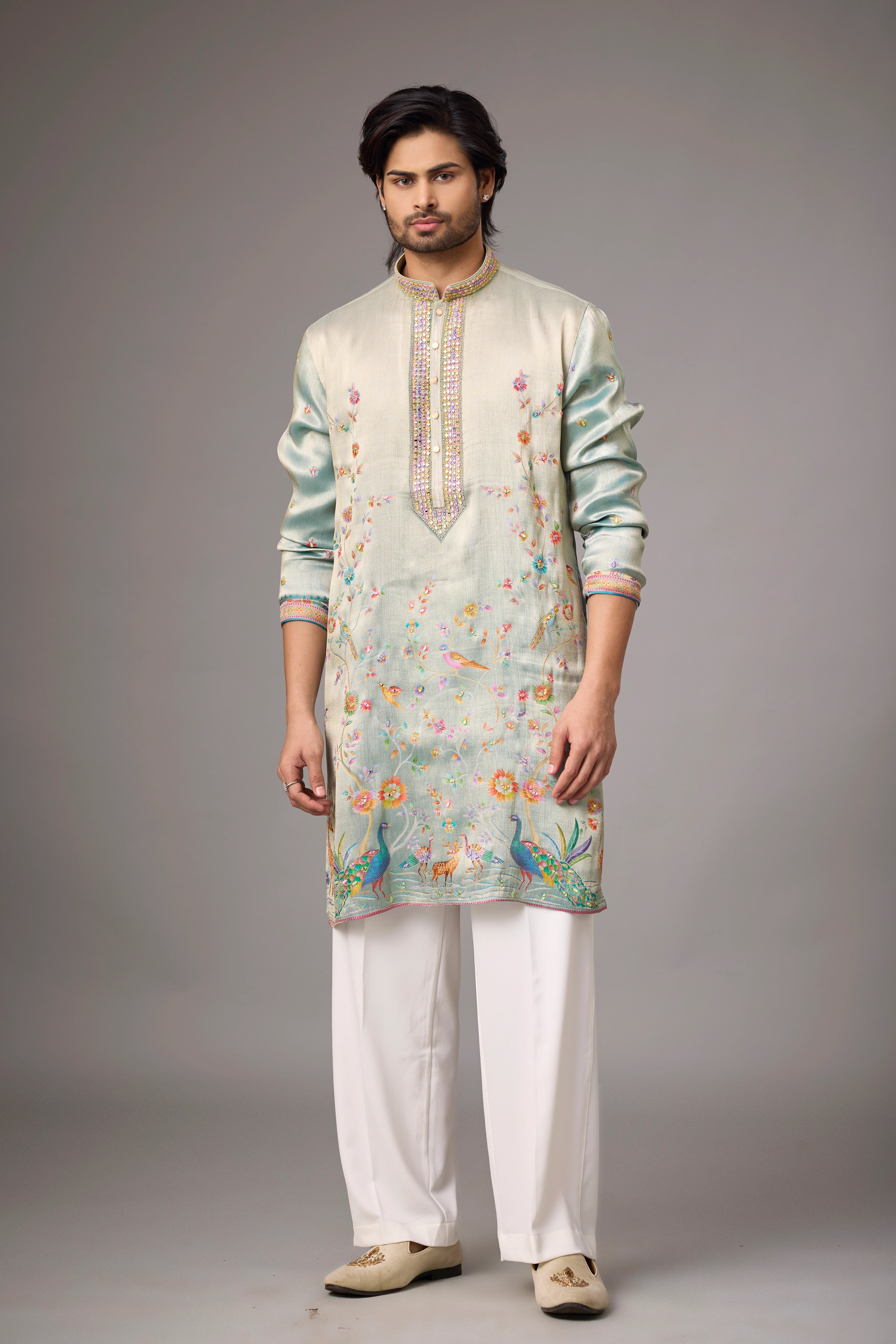 Mint Ivory Peacock Heritage Embroidered Kurta Set