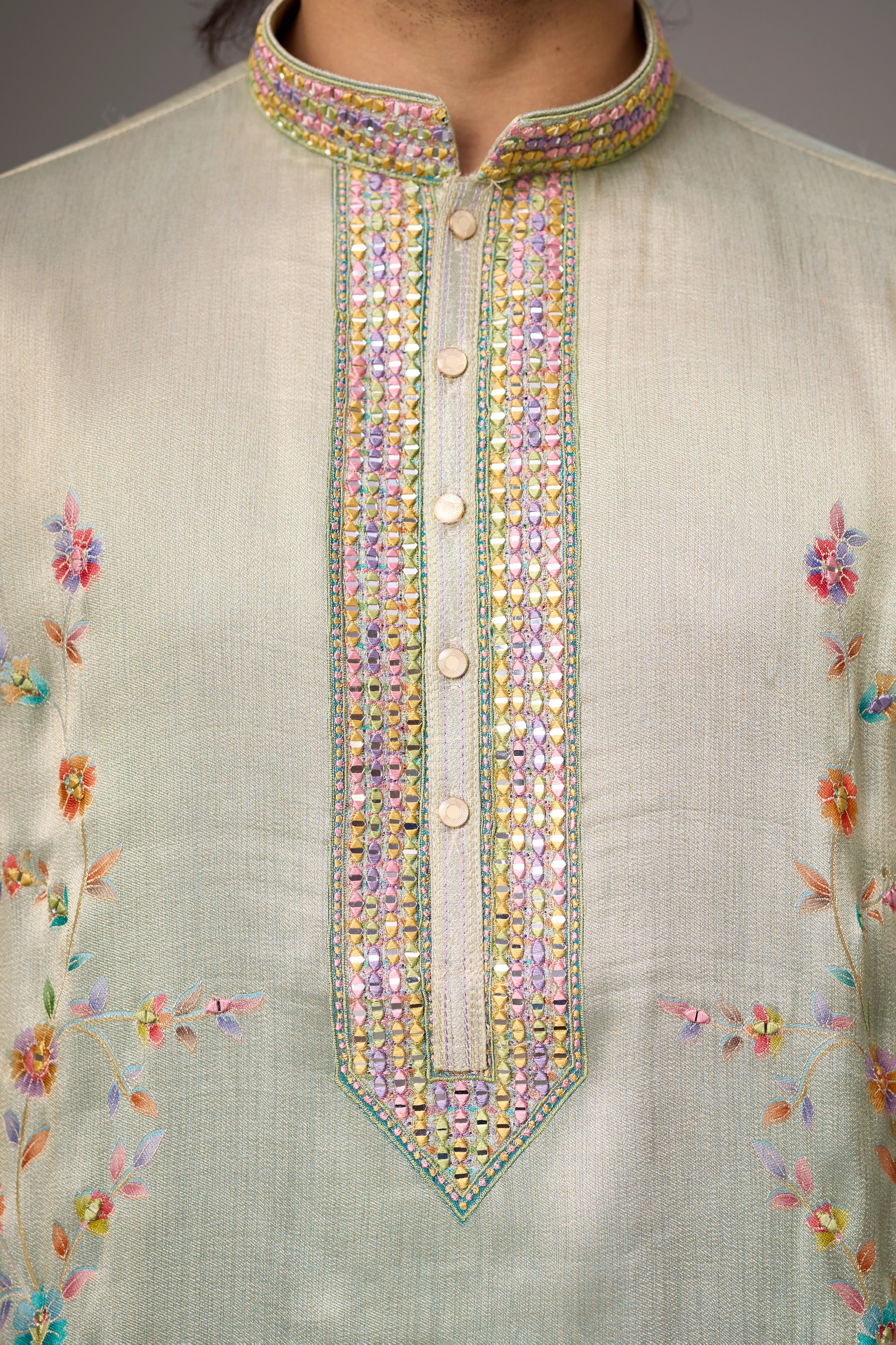 Mint Ivory Peacock Heritage Embroidered Kurta Set