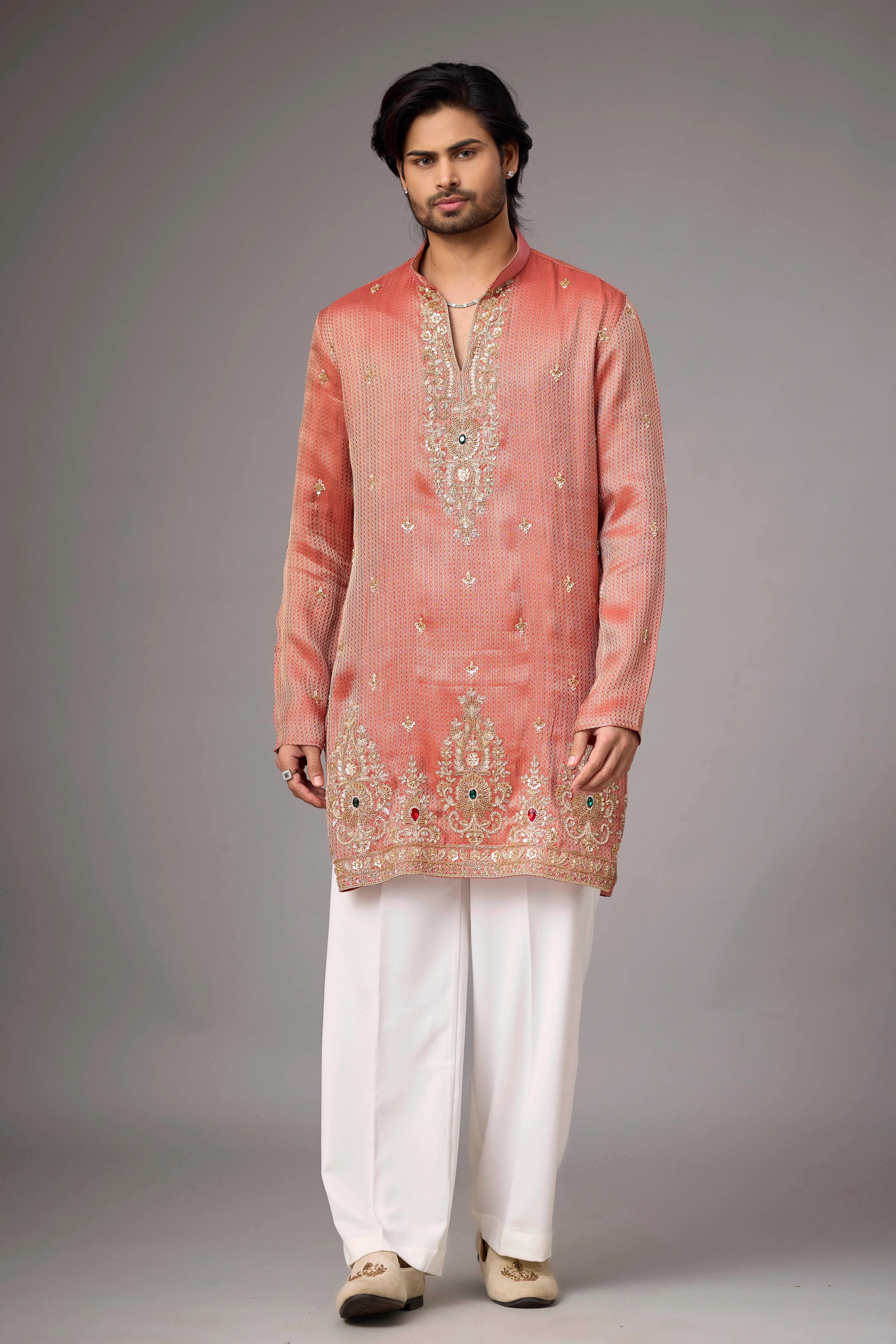 Coral Peach Regal Embroidered Kurta Set