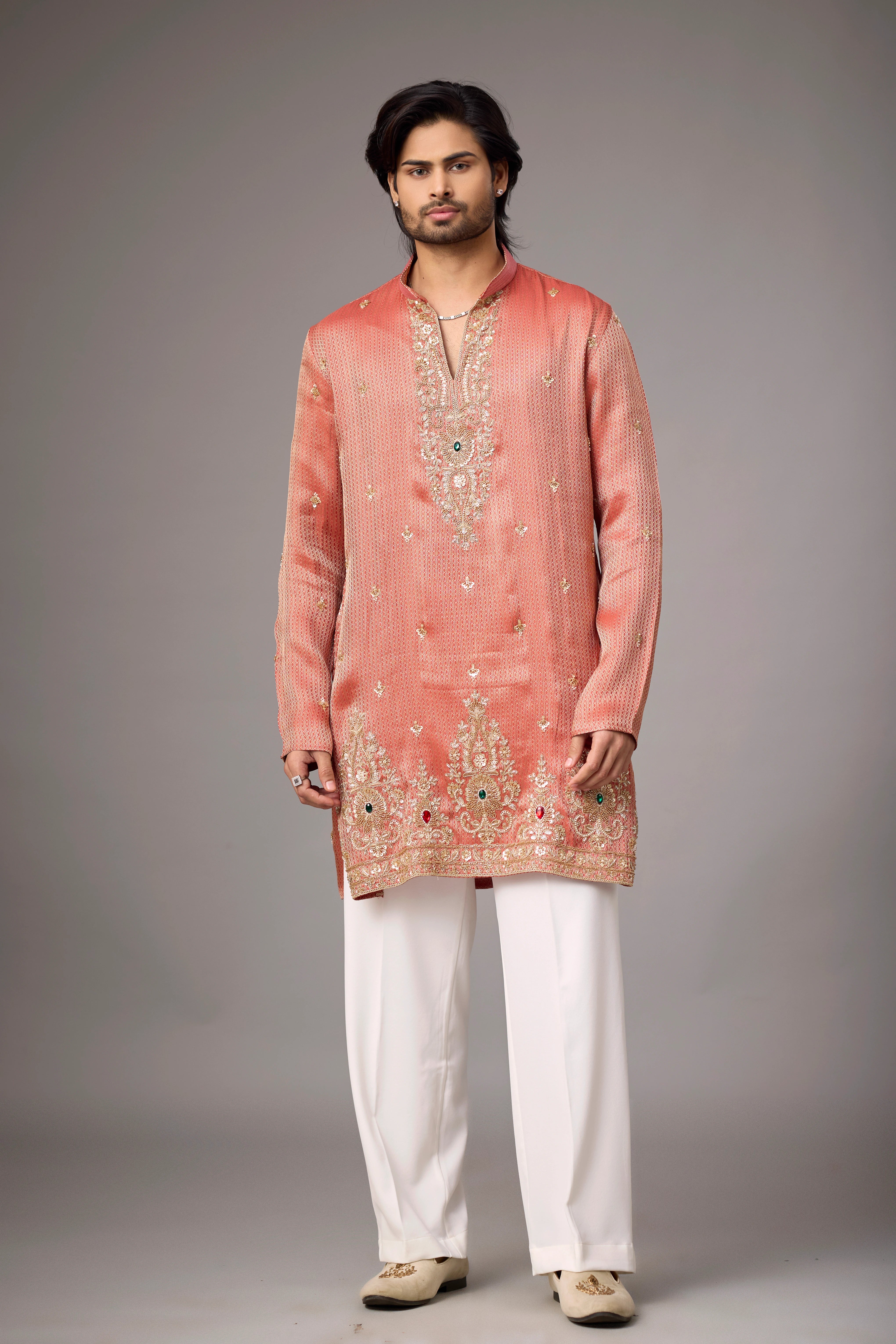 Coral Peach Regal Embroidered Kurta Set