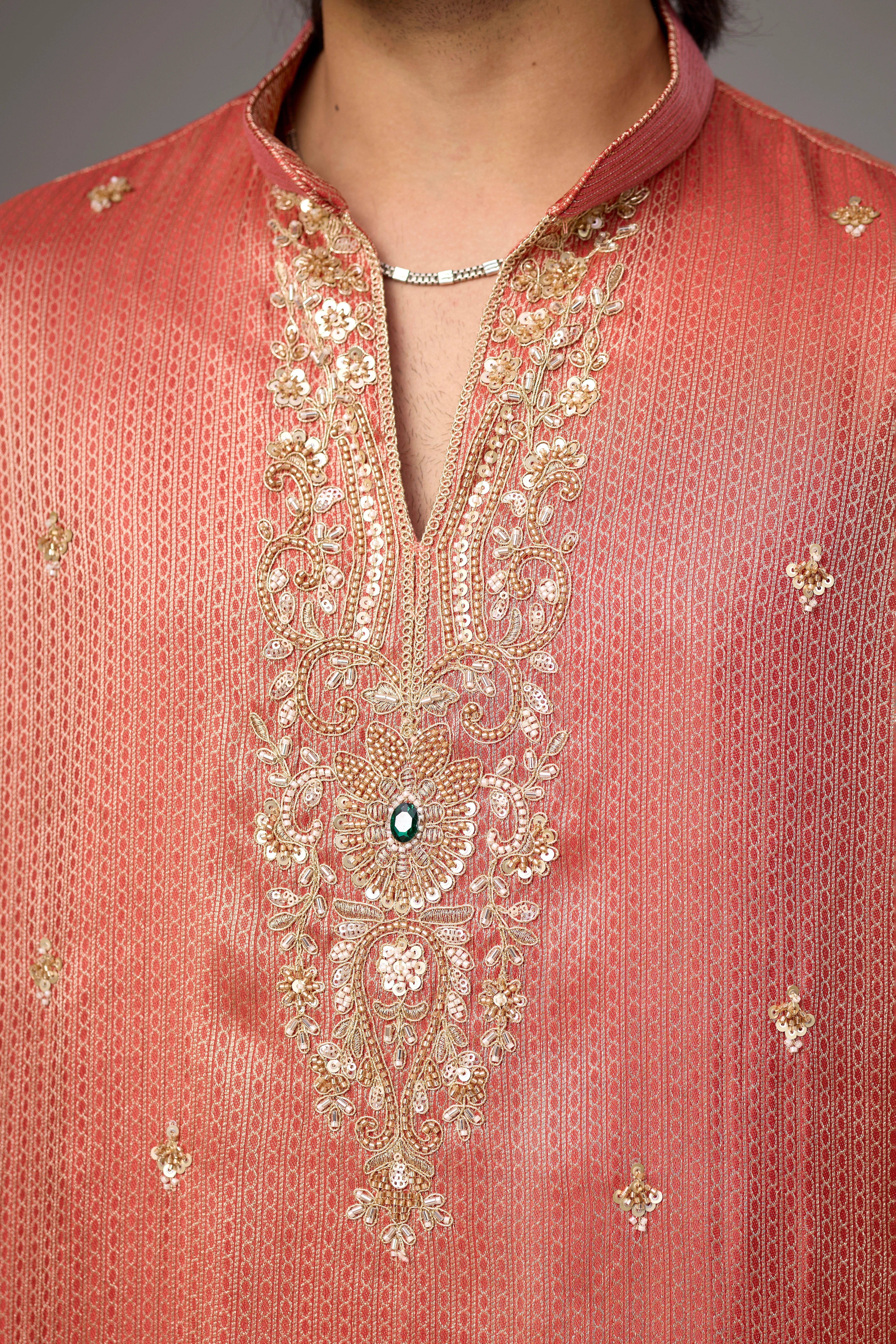 Coral Peach Regal Embroidered Kurta Set