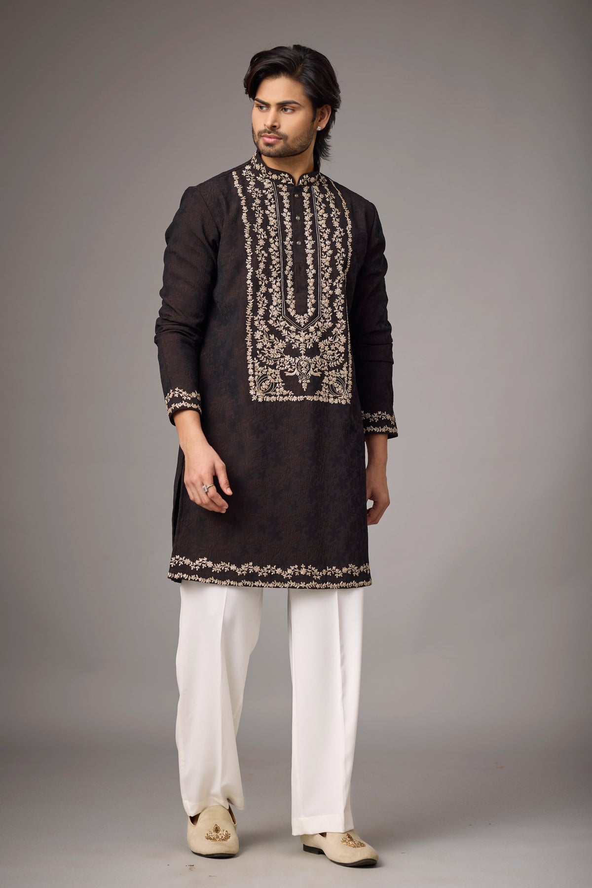 Dark Brown Floral Heritage Embroidered Kurta Set