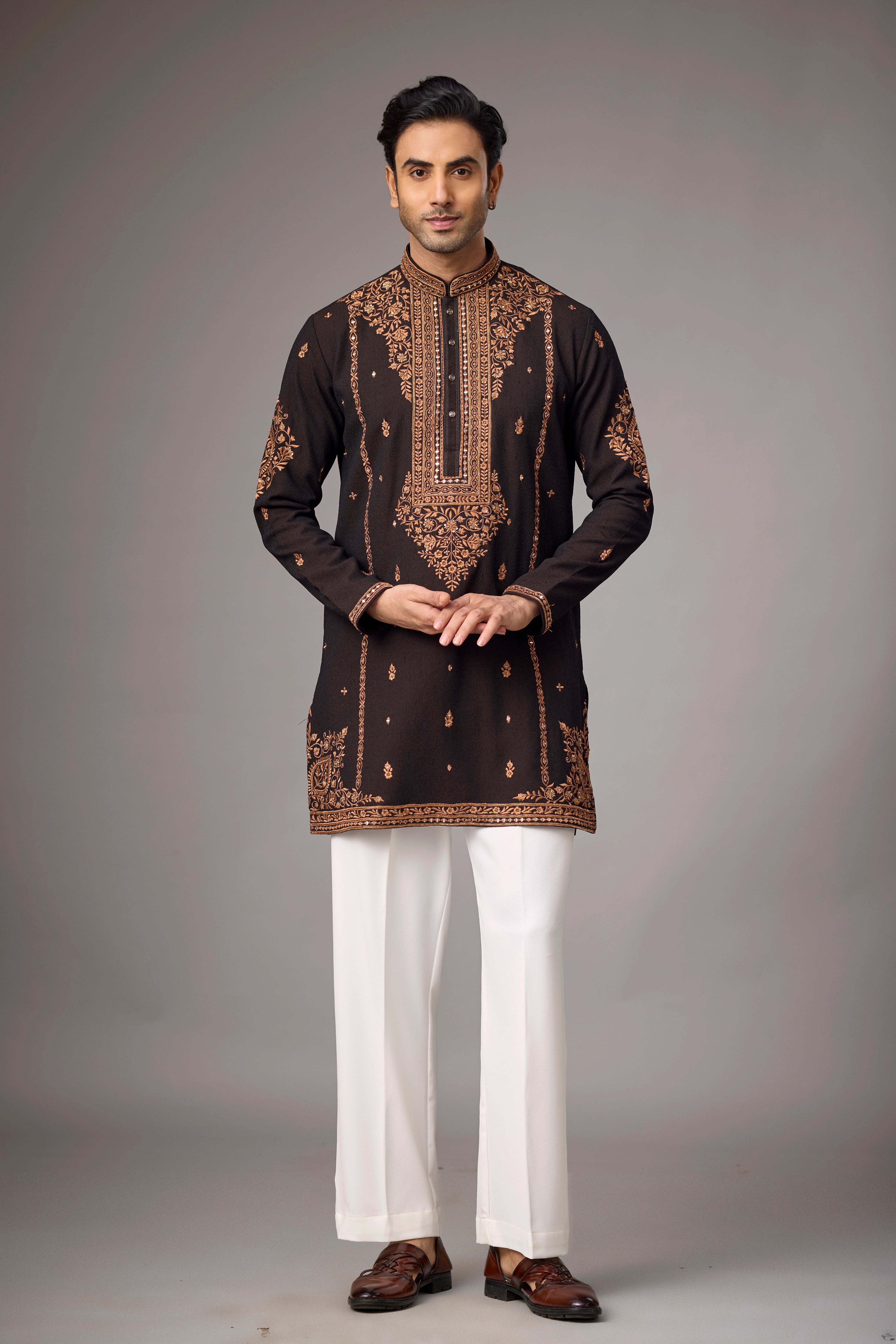Dark Brown Regal Floral Embroidered Kurta Set