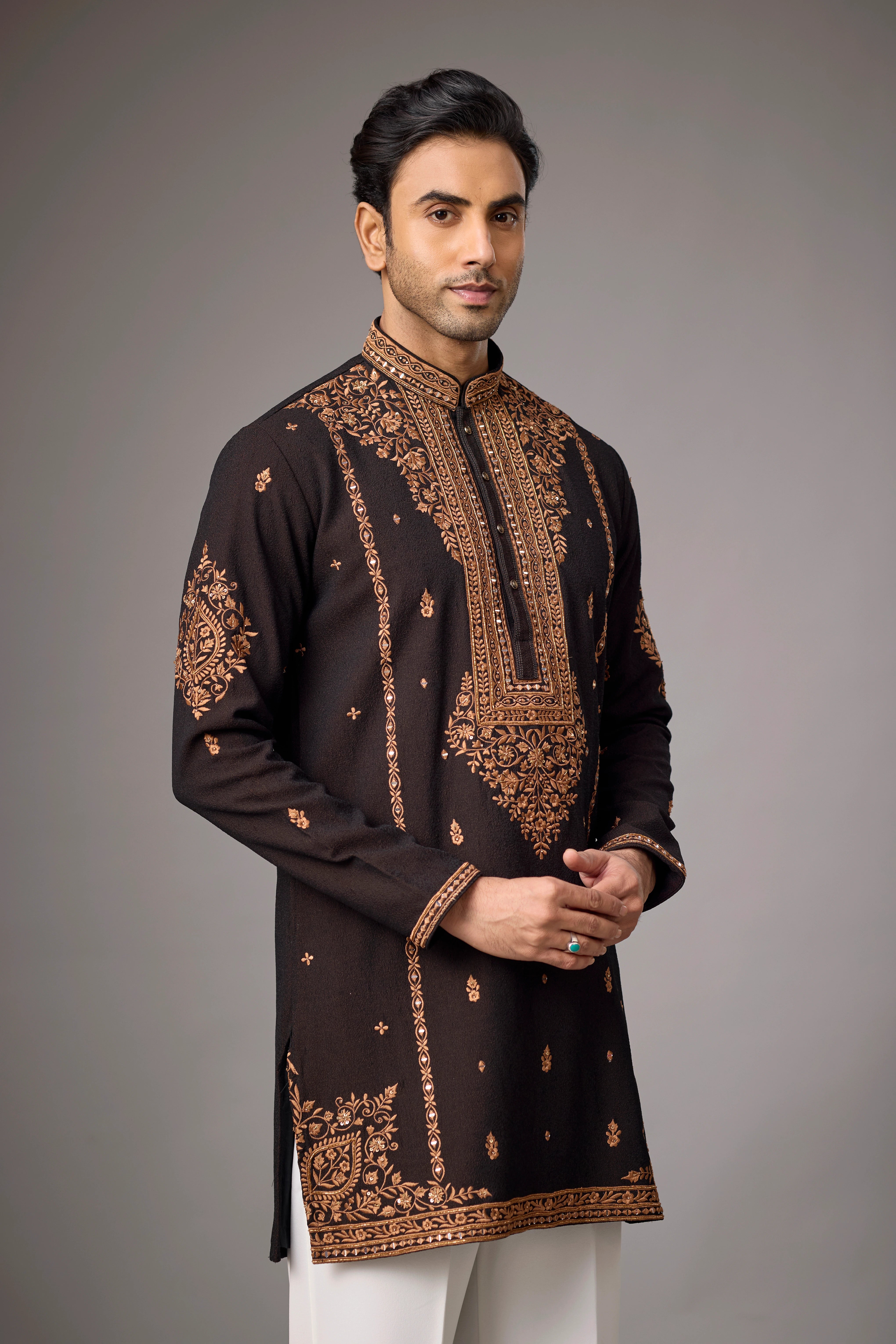 Dark Brown Regal Floral Embroidered Kurta Set