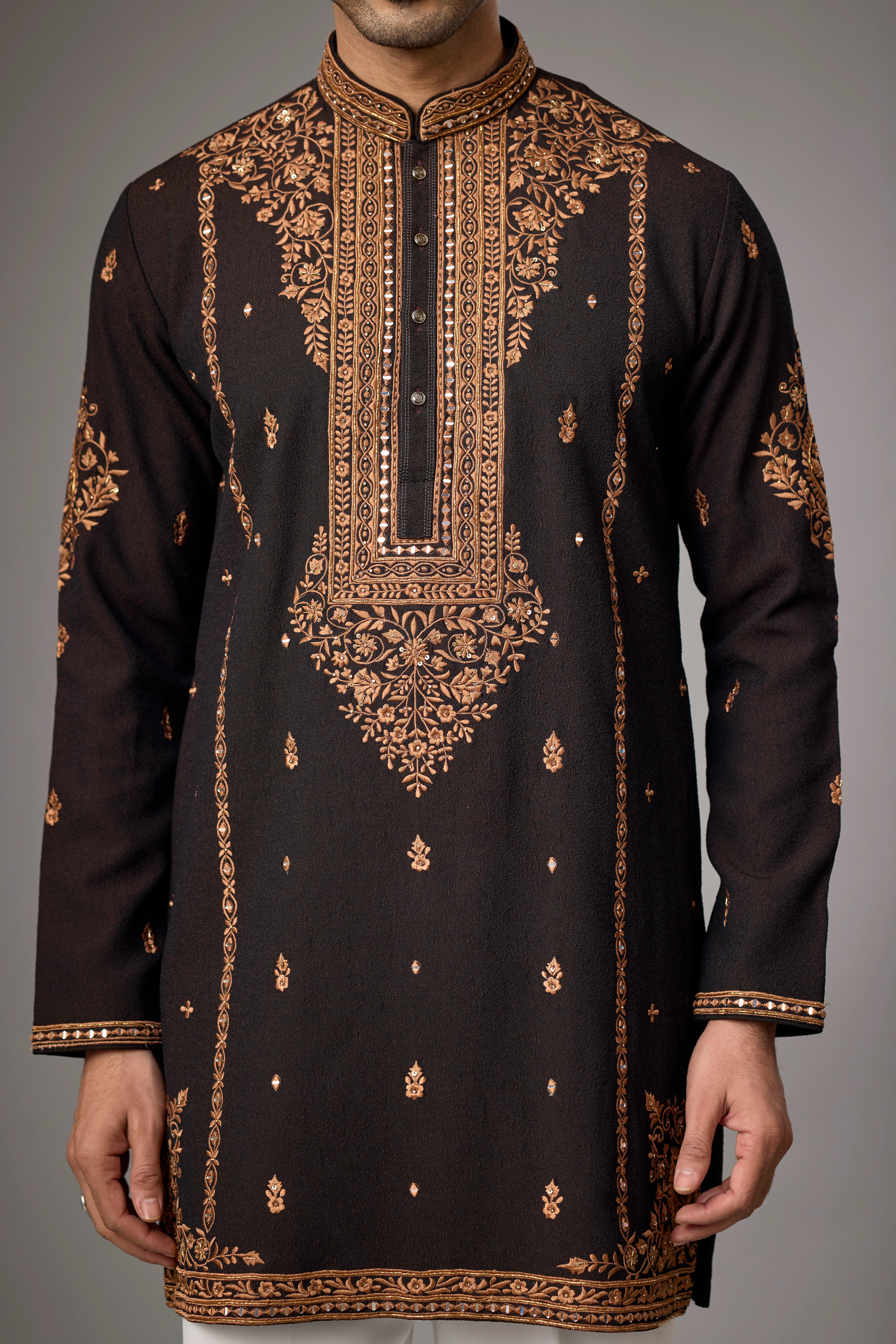 Dark Brown Regal Floral Embroidered Kurta Set