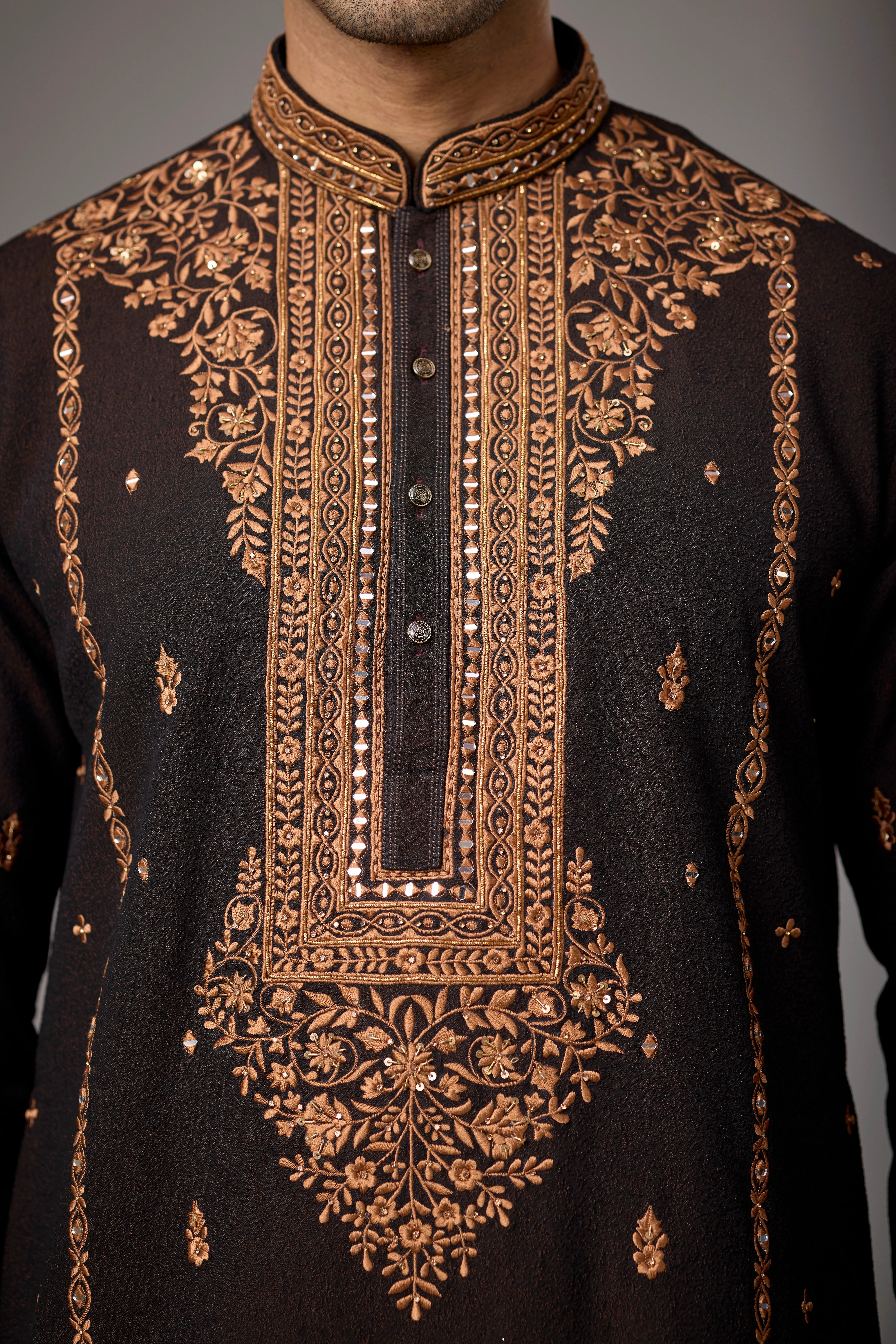 Dark Brown Regal Floral Embroidered Kurta Set