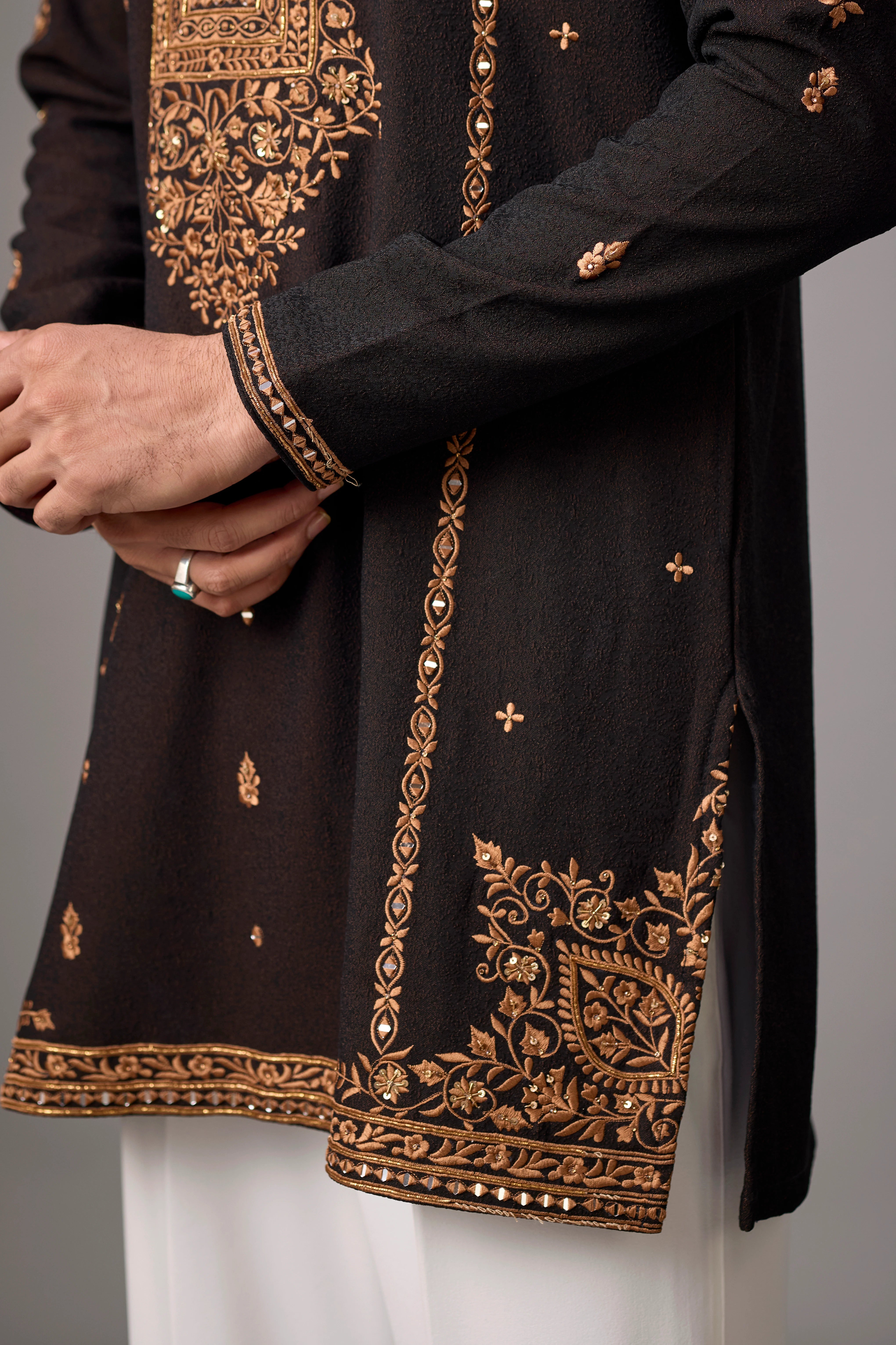 Dark Brown Regal Floral Embroidered Kurta Set