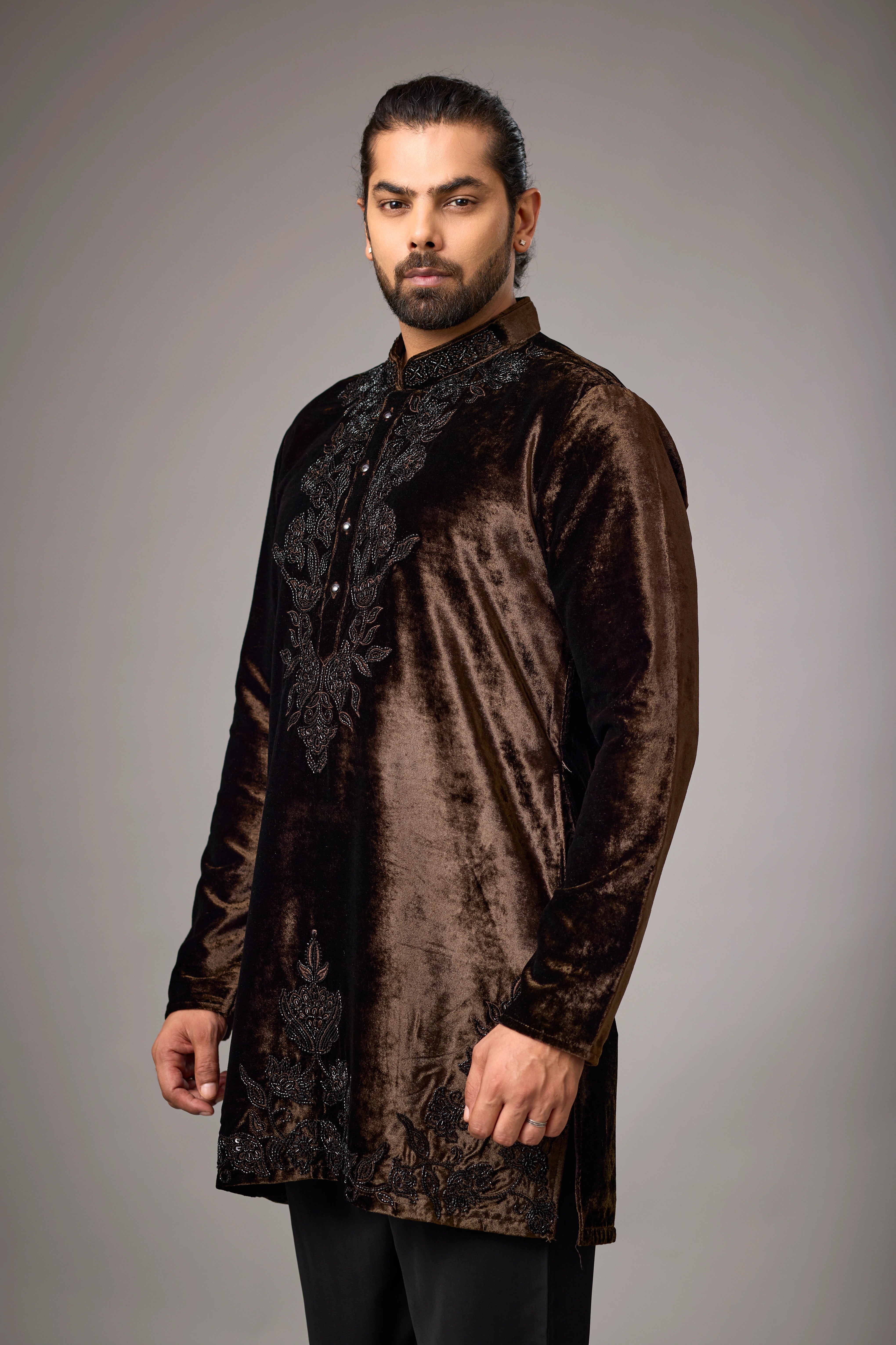 Chocolate Brown Velvet-Look Floral Embroidered Kurta Set