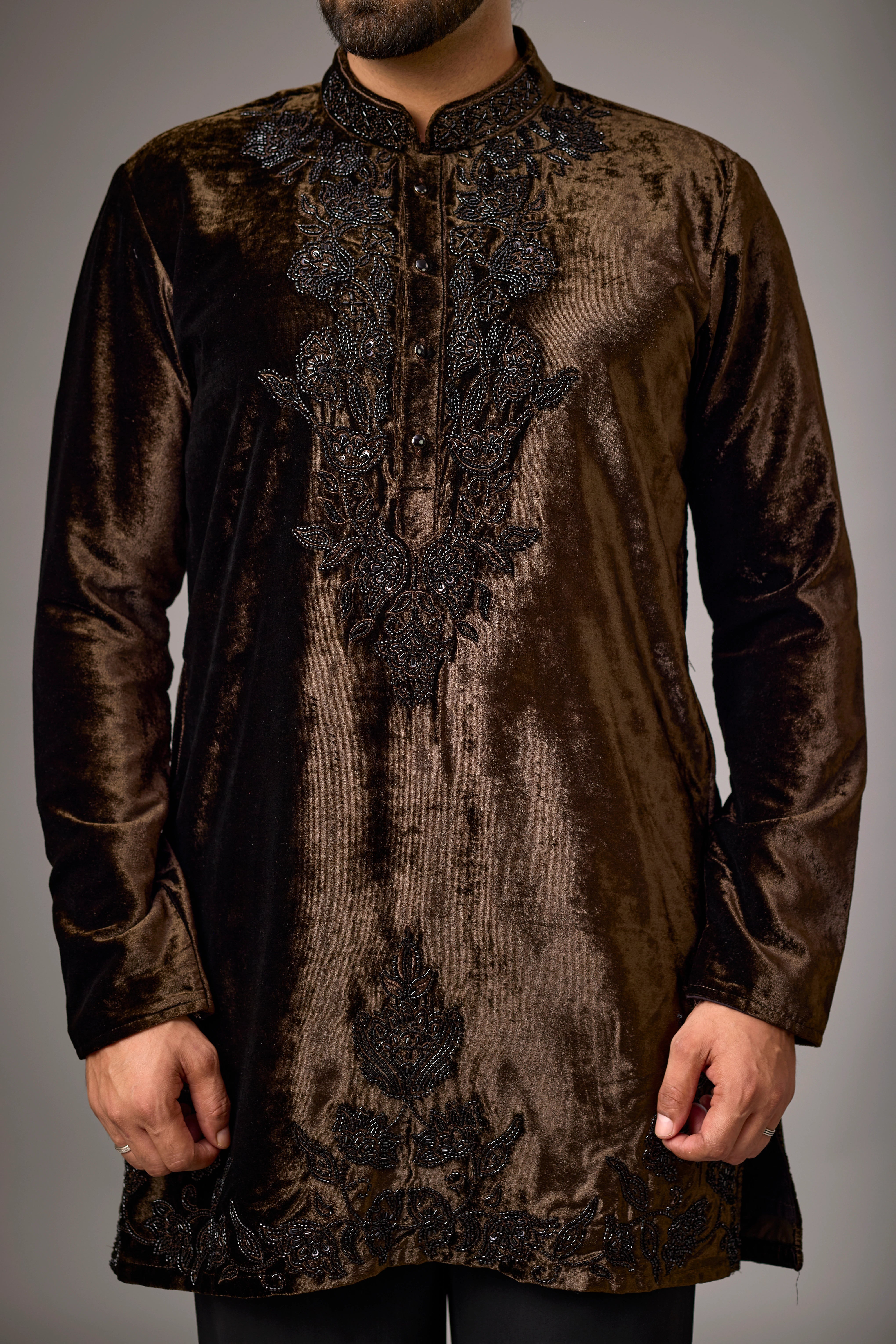 Chocolate Brown Velvet-Look Floral Embroidered Kurta Set