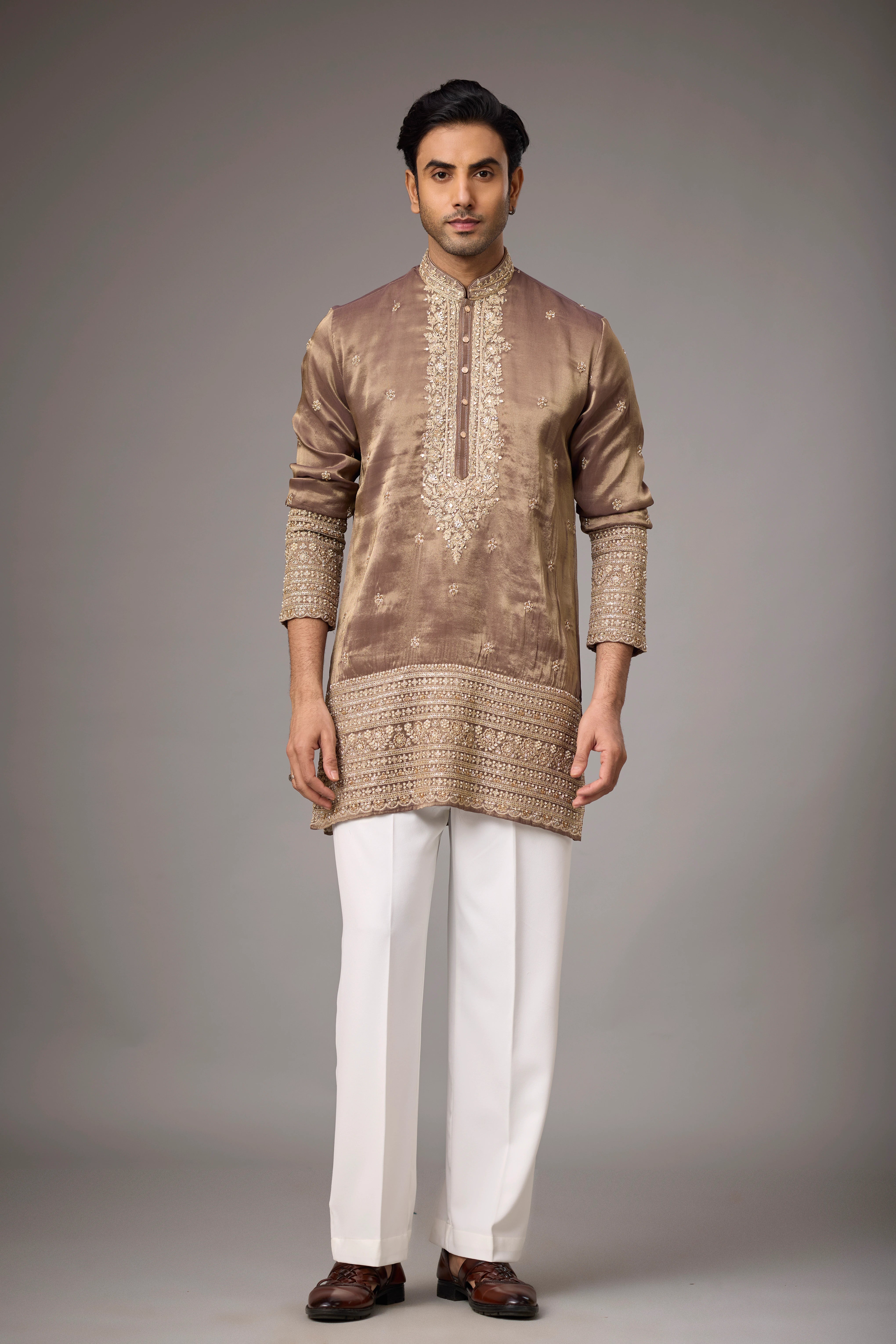 Royal Mocha Gold Embroidered Kurta Set