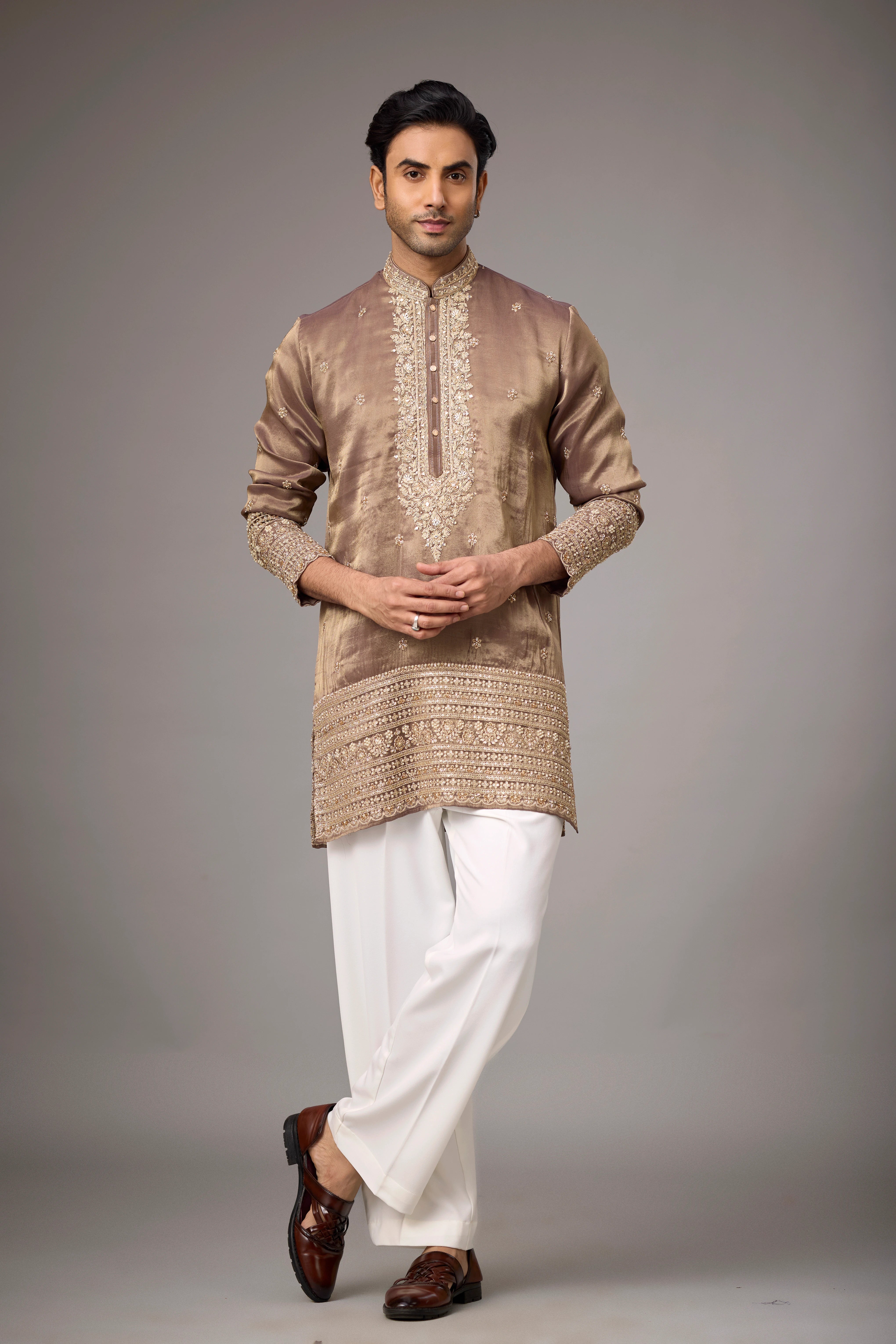 Royal Mocha Gold Embroidered Kurta Set
