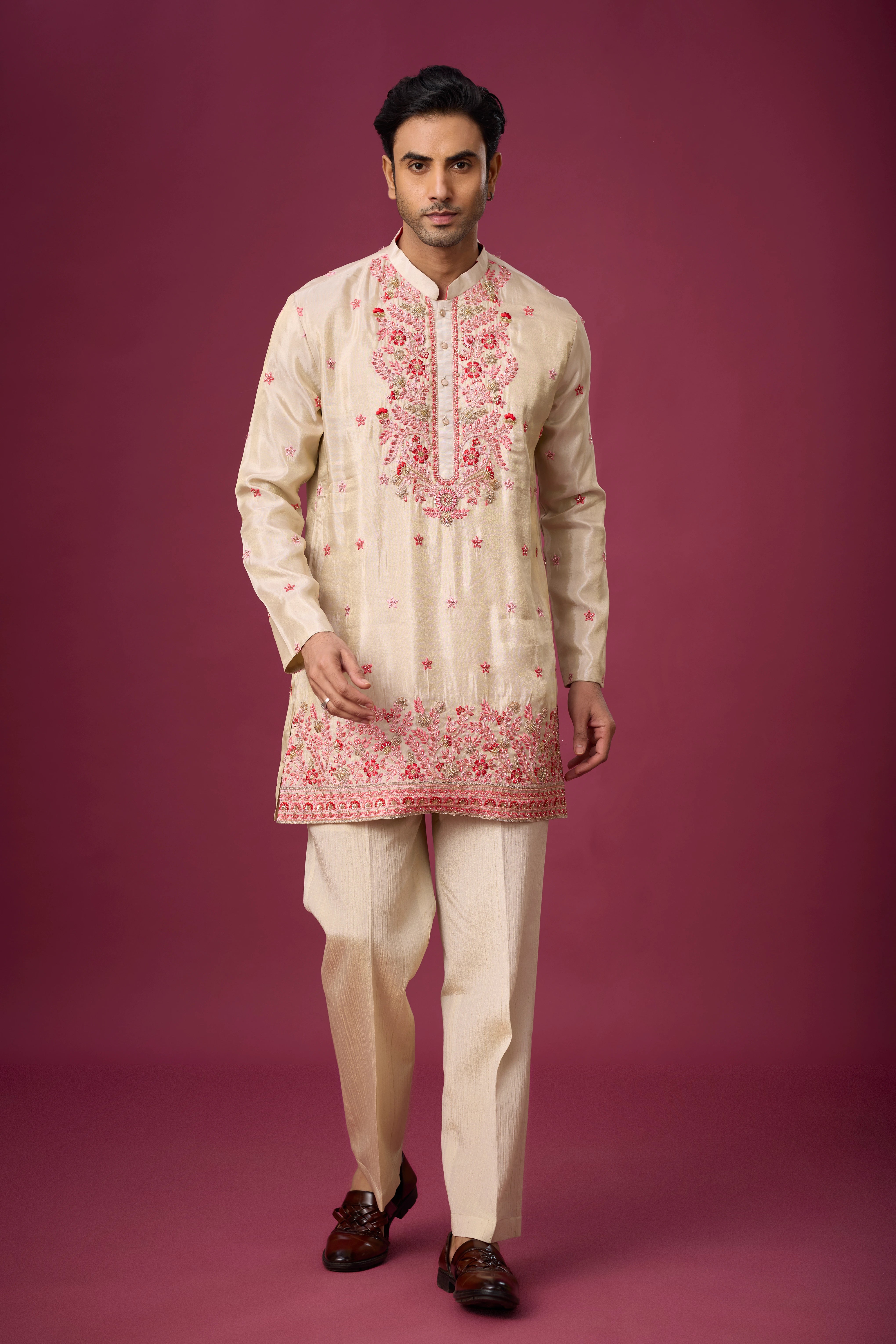 Ivory Rosé Floral Embroidered Kurta Set