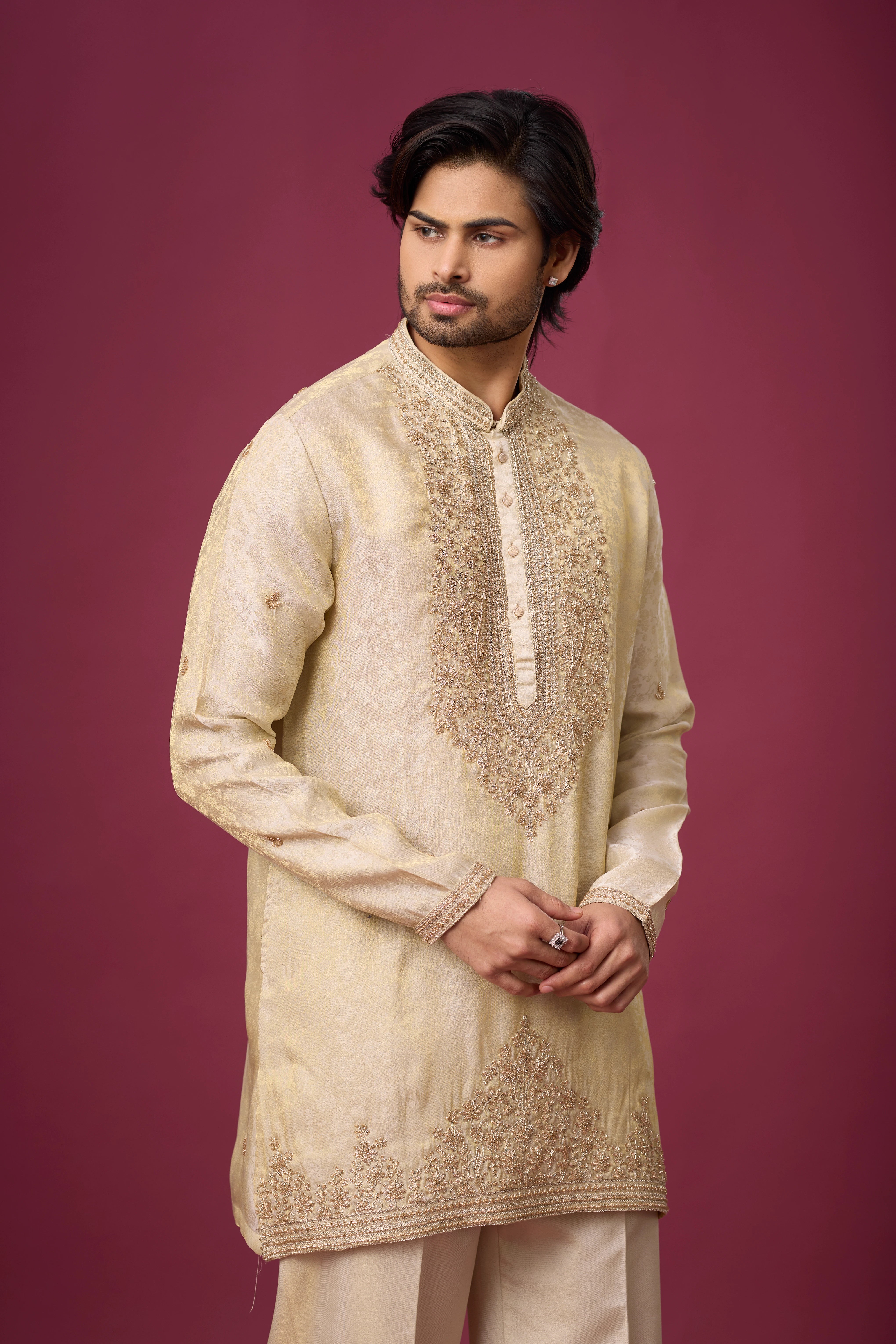 Champagne Gold Heritage Embroidered Kurta Set