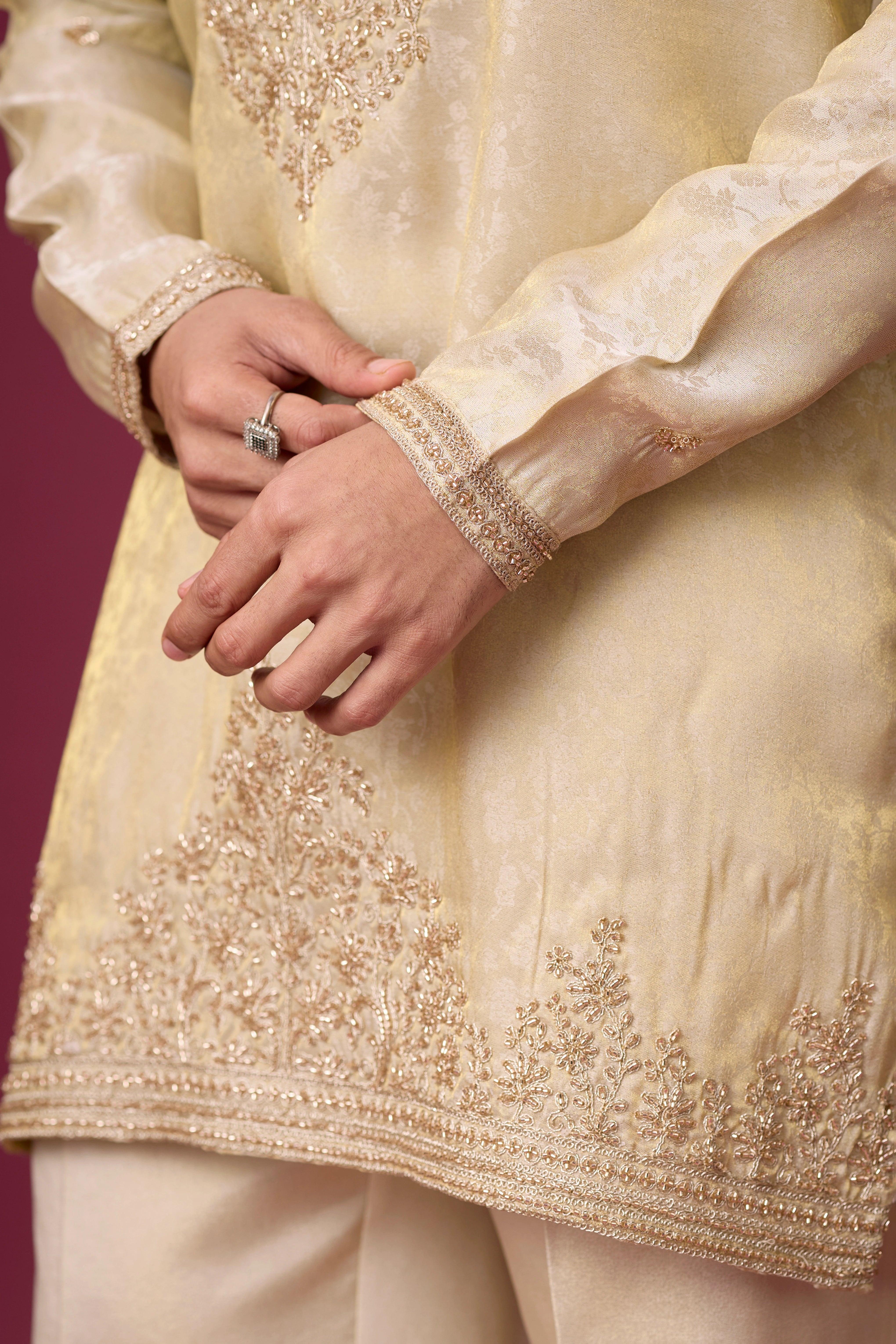Champagne Gold Heritage Embroidered Kurta Set
