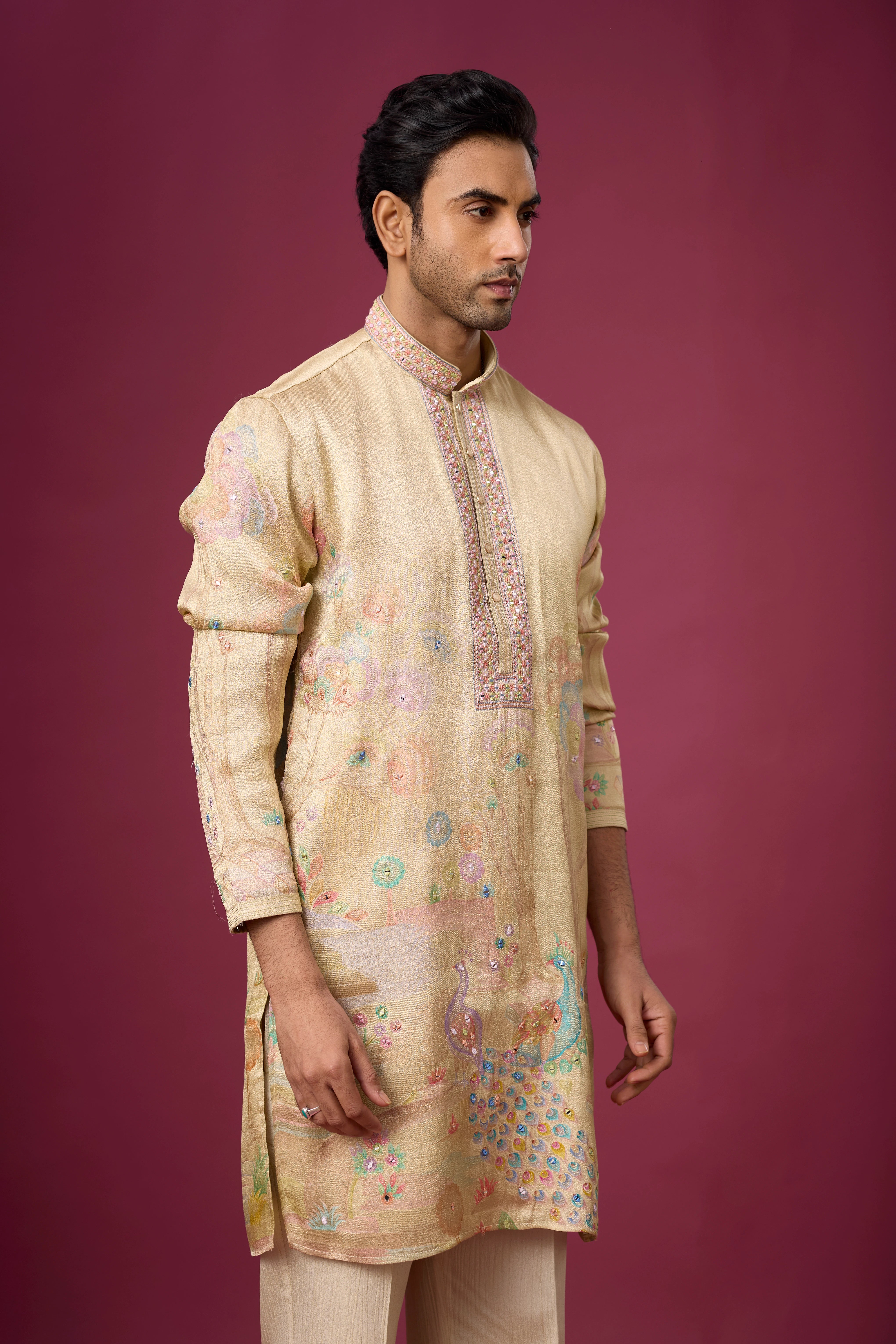 Champagne Beige Peacock Heritage Kurta Set