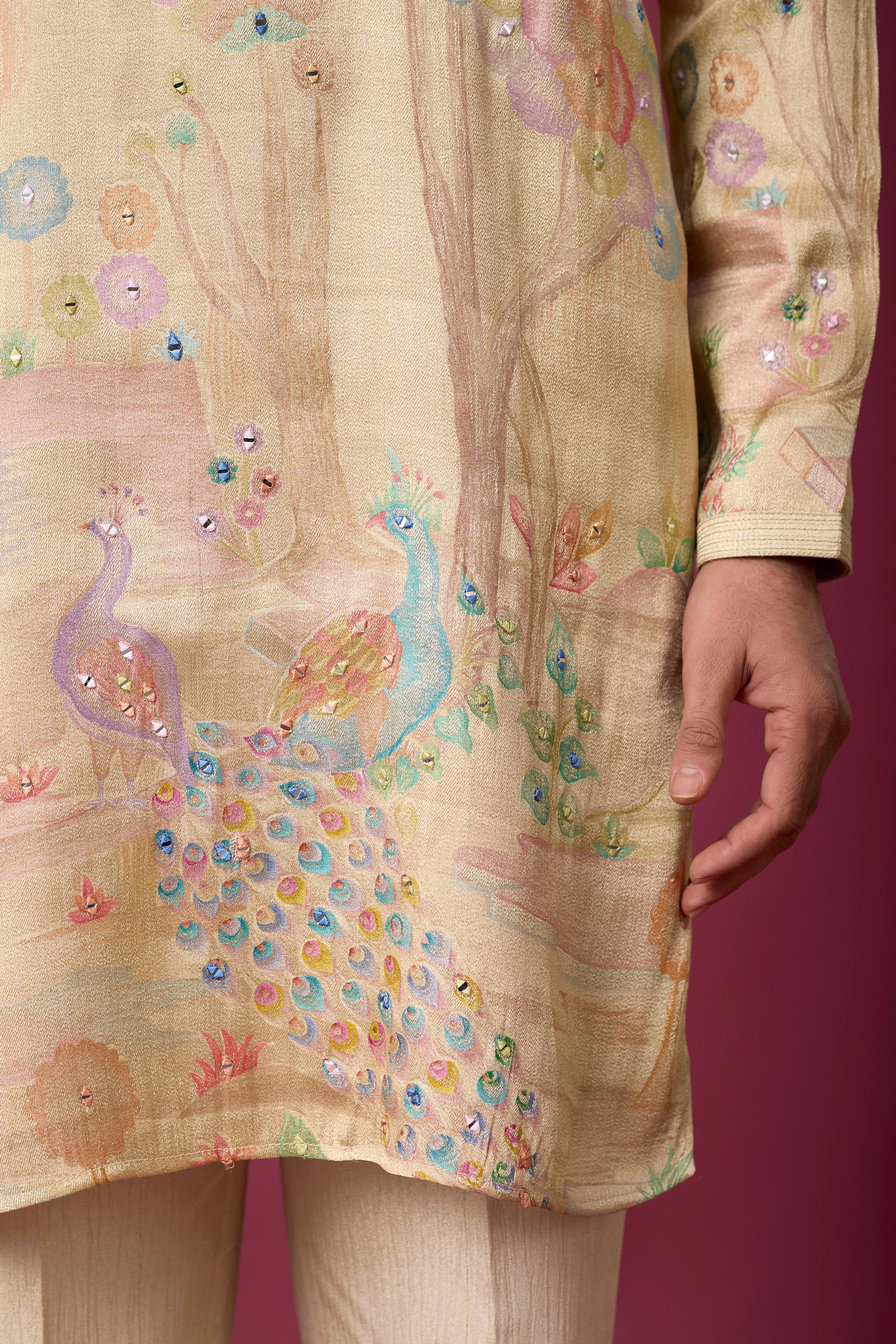 Champagne Beige Peacock Heritage Kurta Set