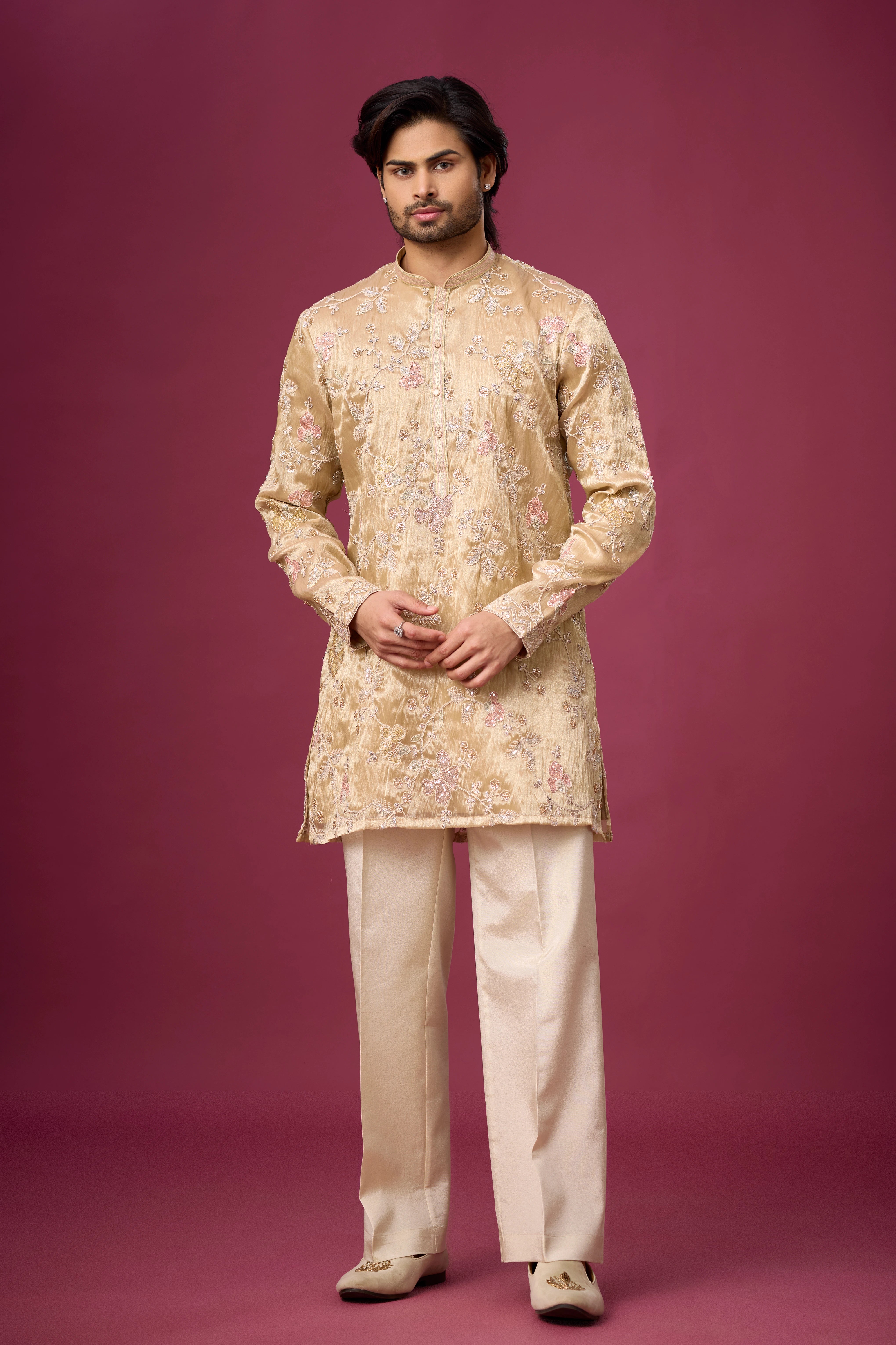 Champagne Beige Floral Elegance Kurta Set