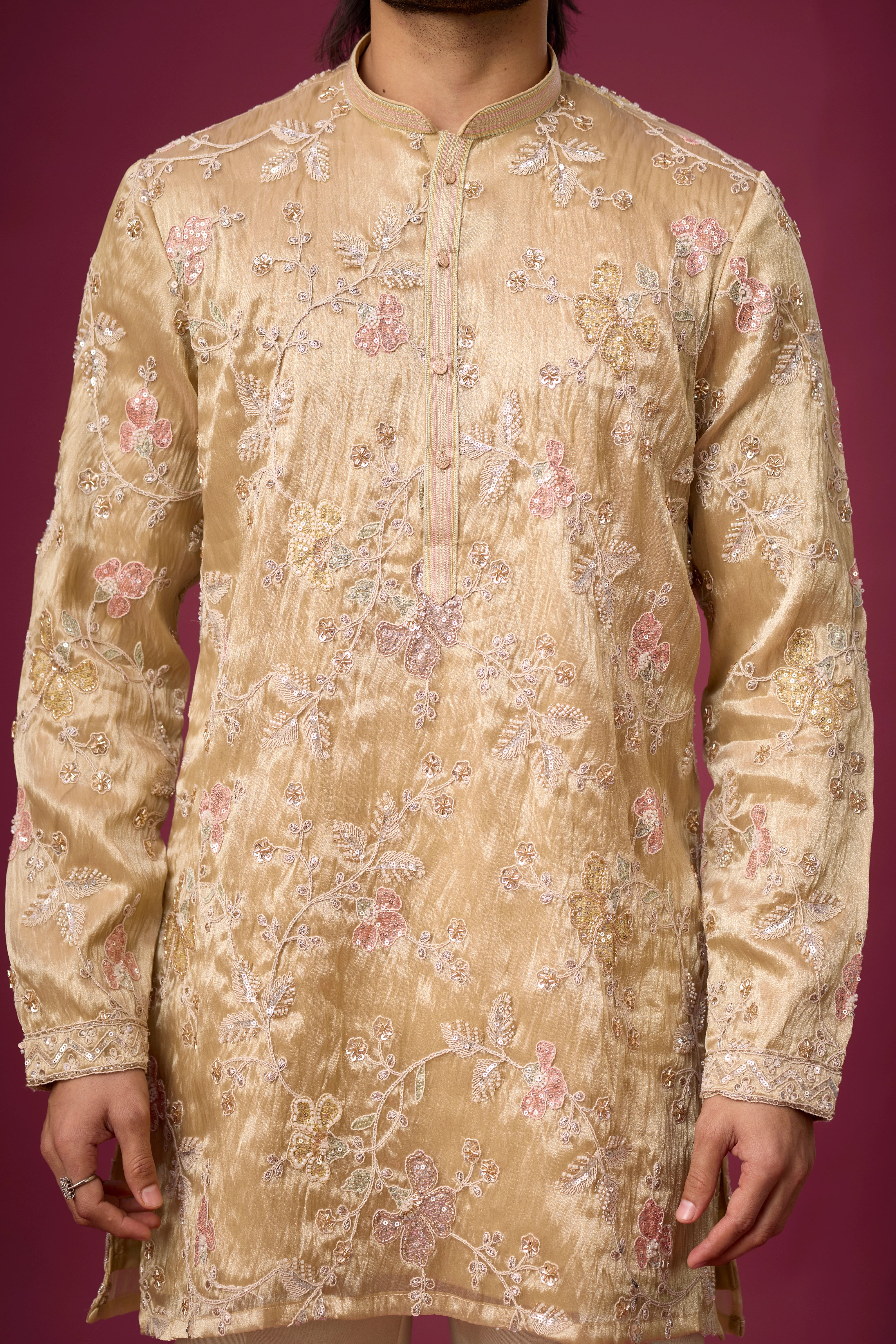 Champagne Beige Floral Elegance Kurta Set