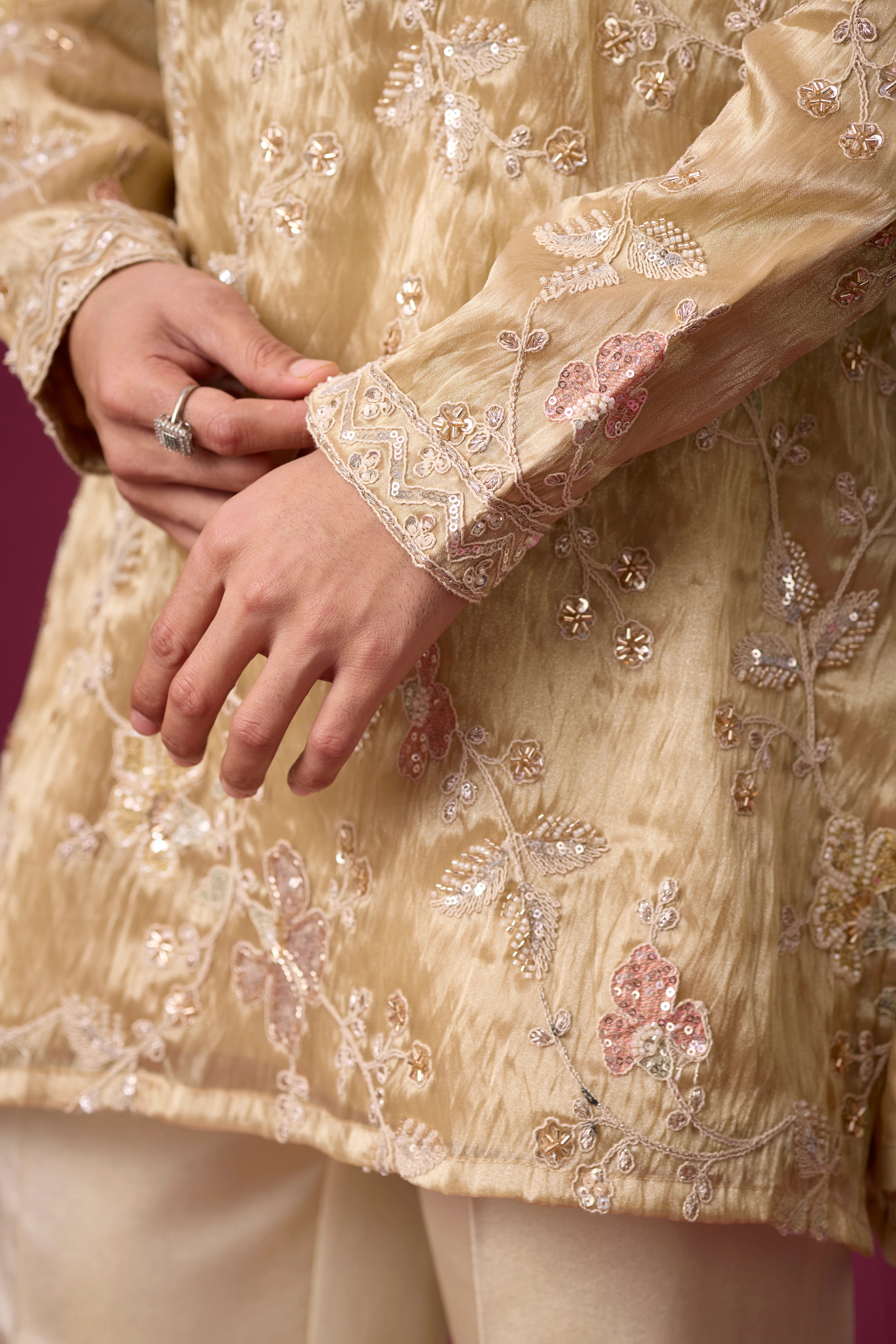 Champagne Beige Floral Elegance Kurta Set
