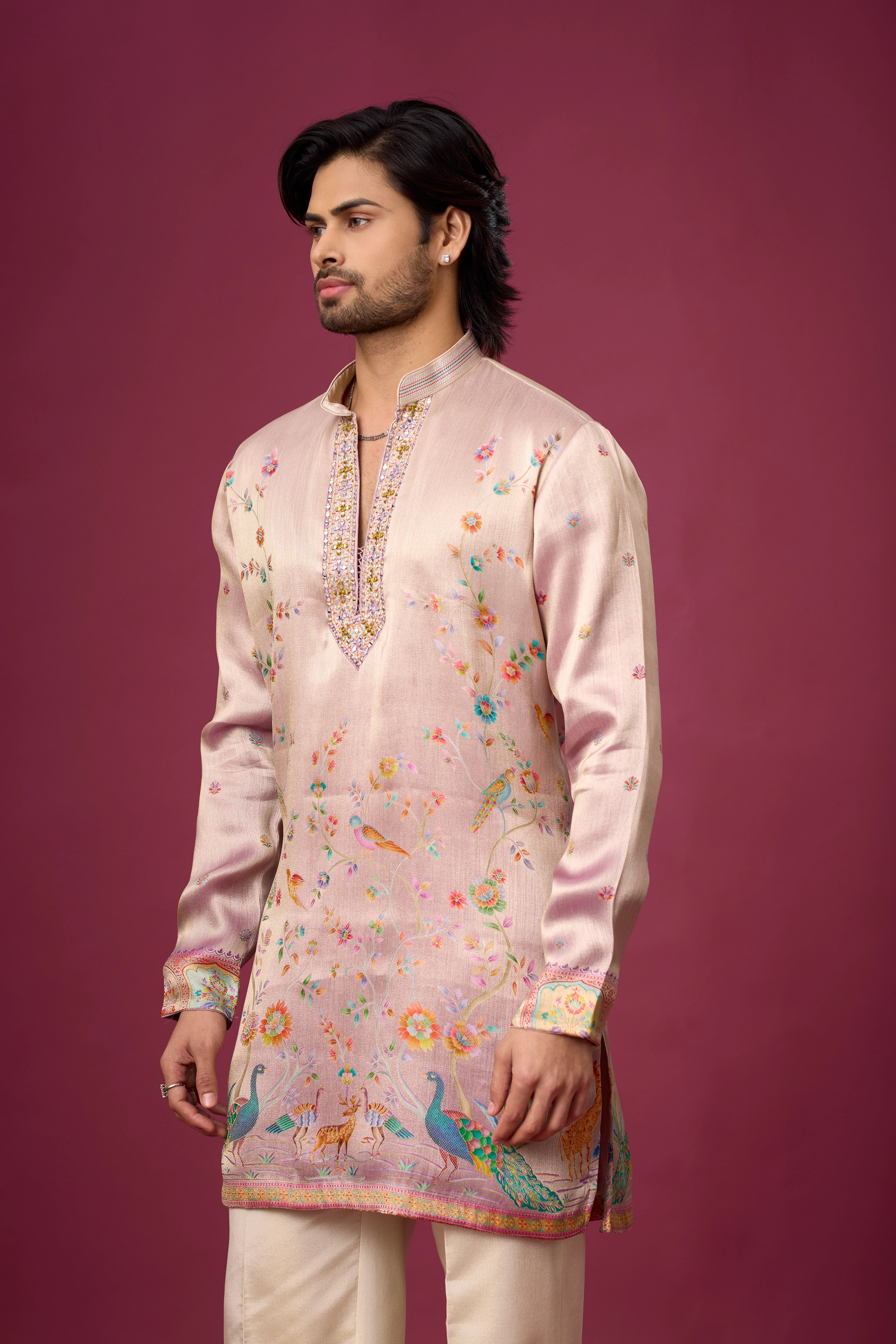 Blush Pink Peacock Heritage Kurta Set