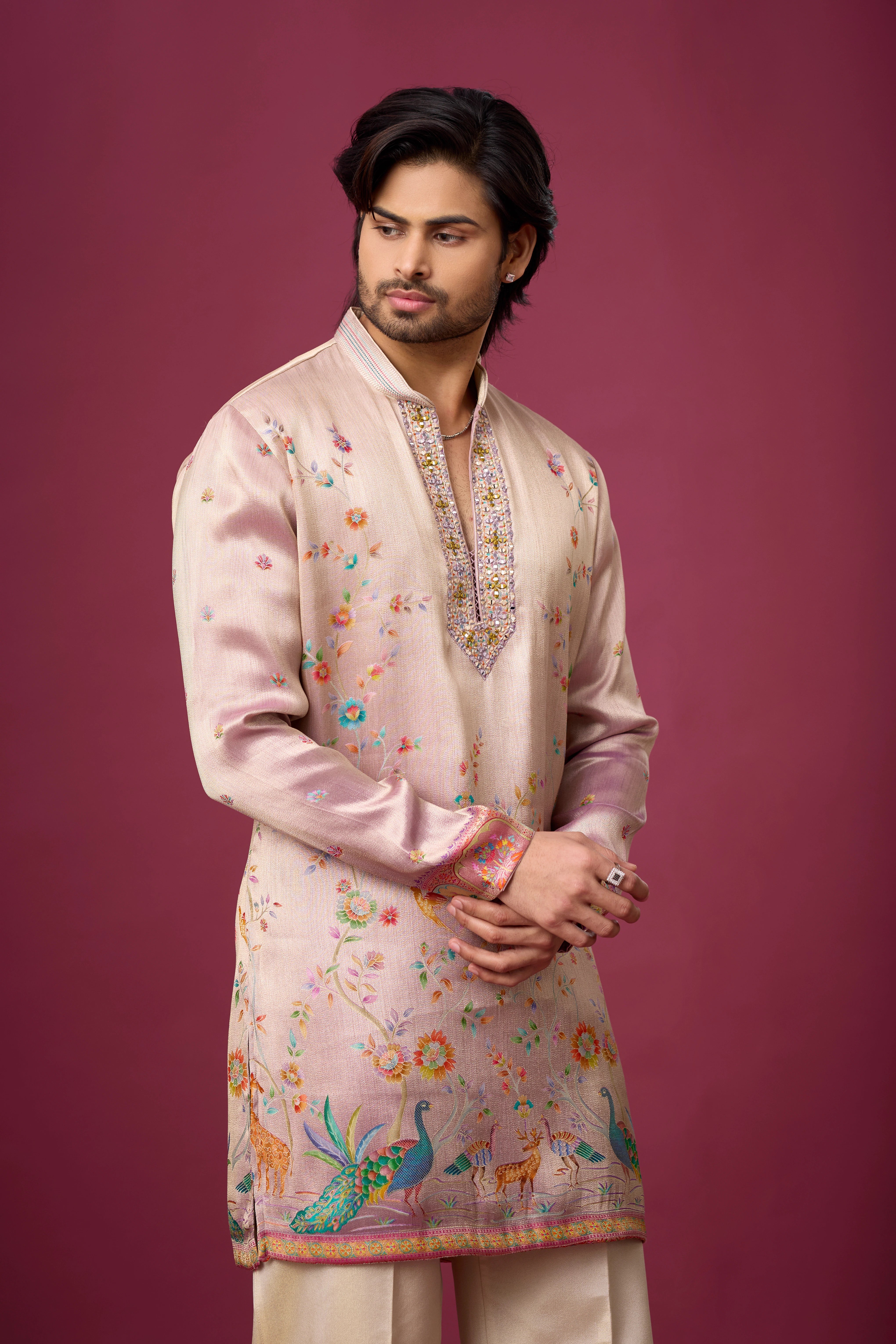 Blush Pink Peacock Heritage Kurta Set