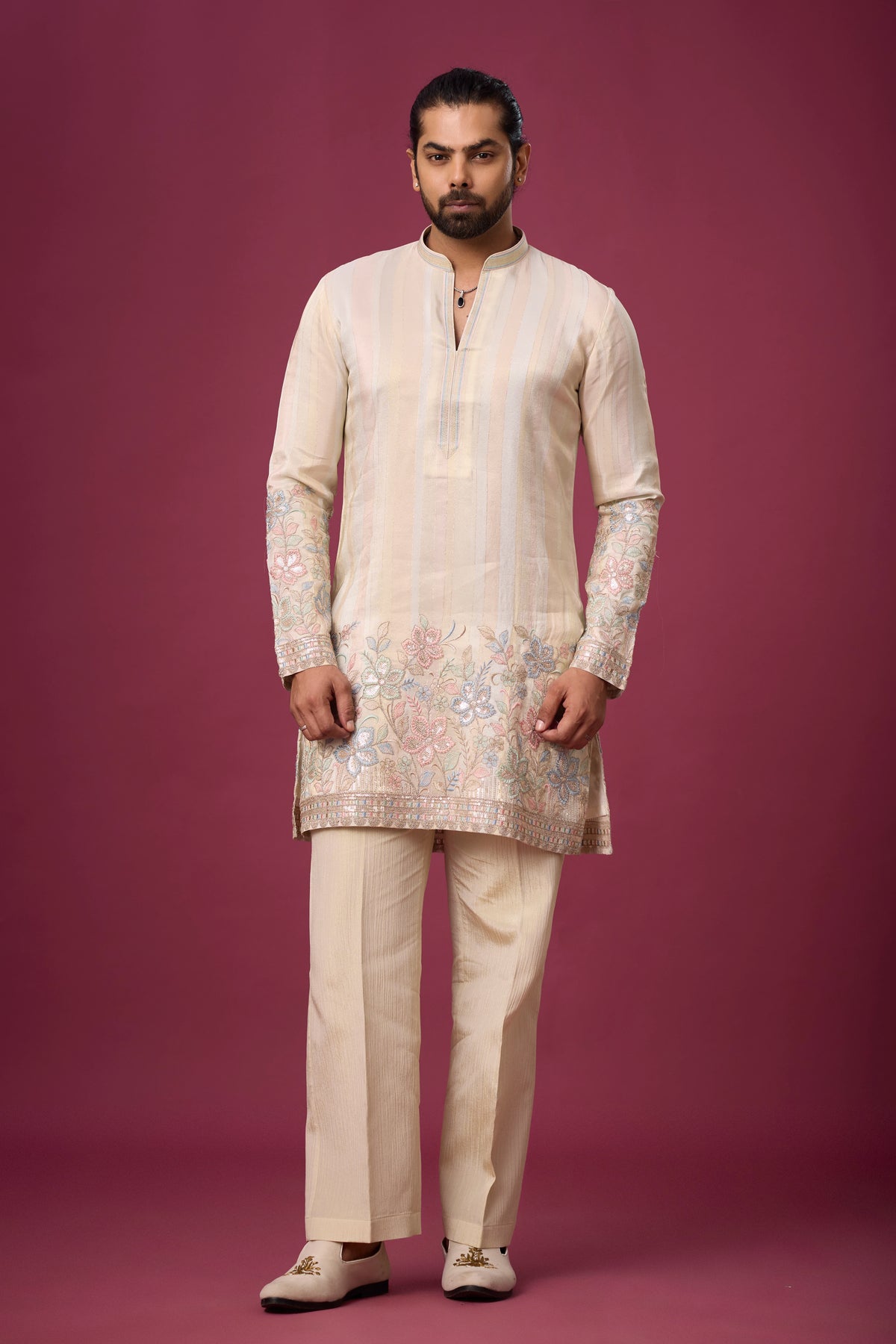 Champagne Beige Floral Border Kurta Set