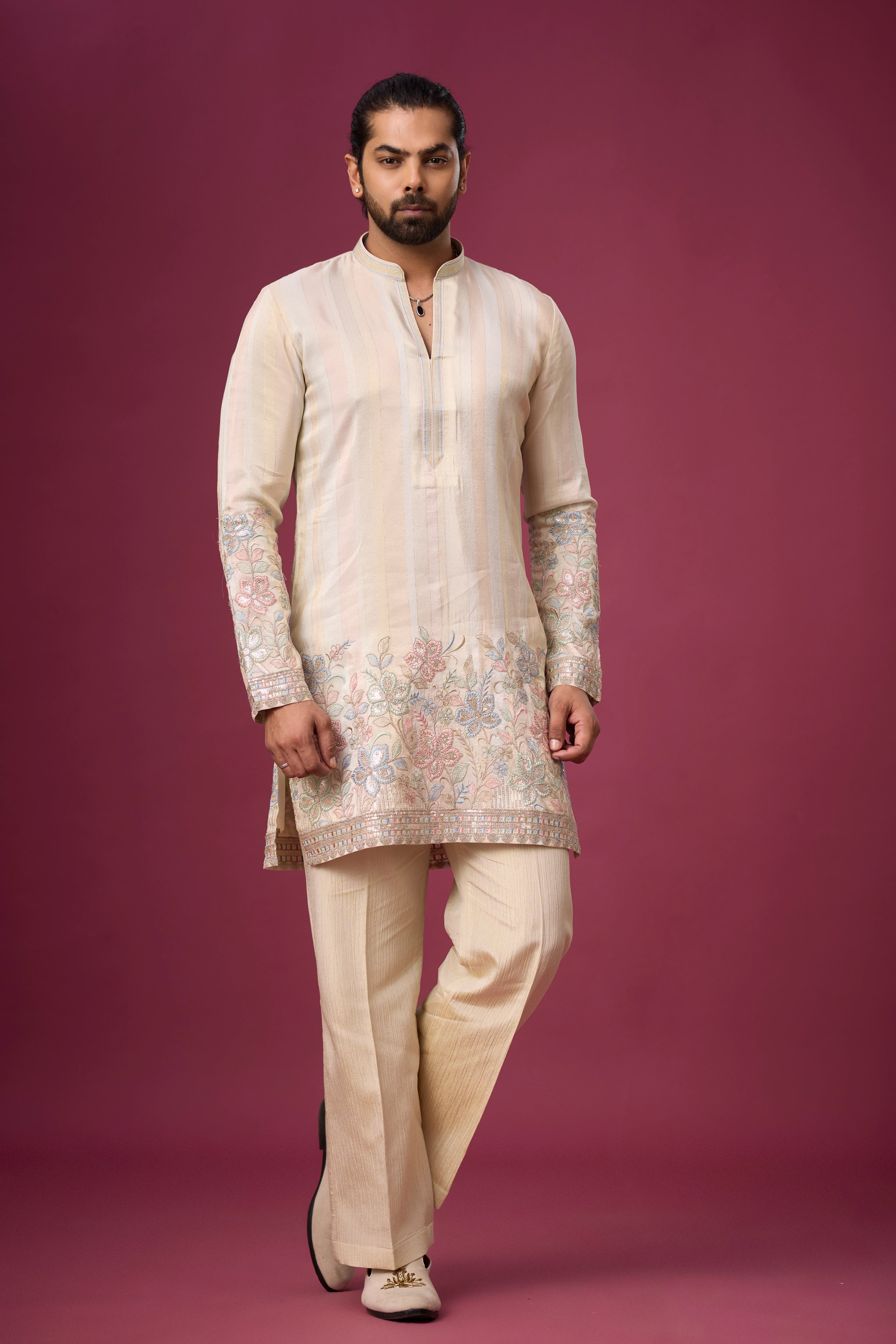 Champagne Beige Floral Border Kurta Set