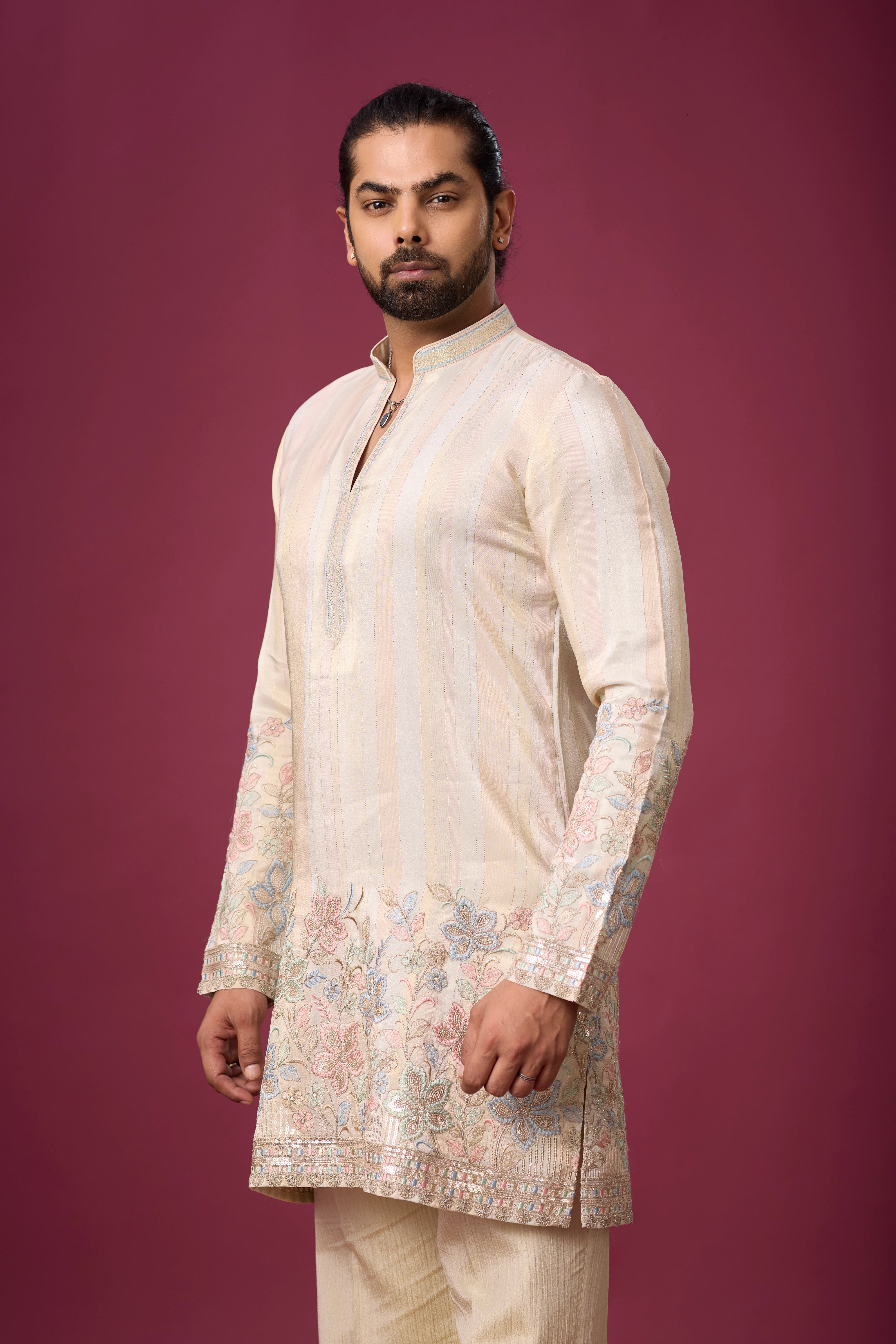 Champagne Beige Floral Border Kurta Set